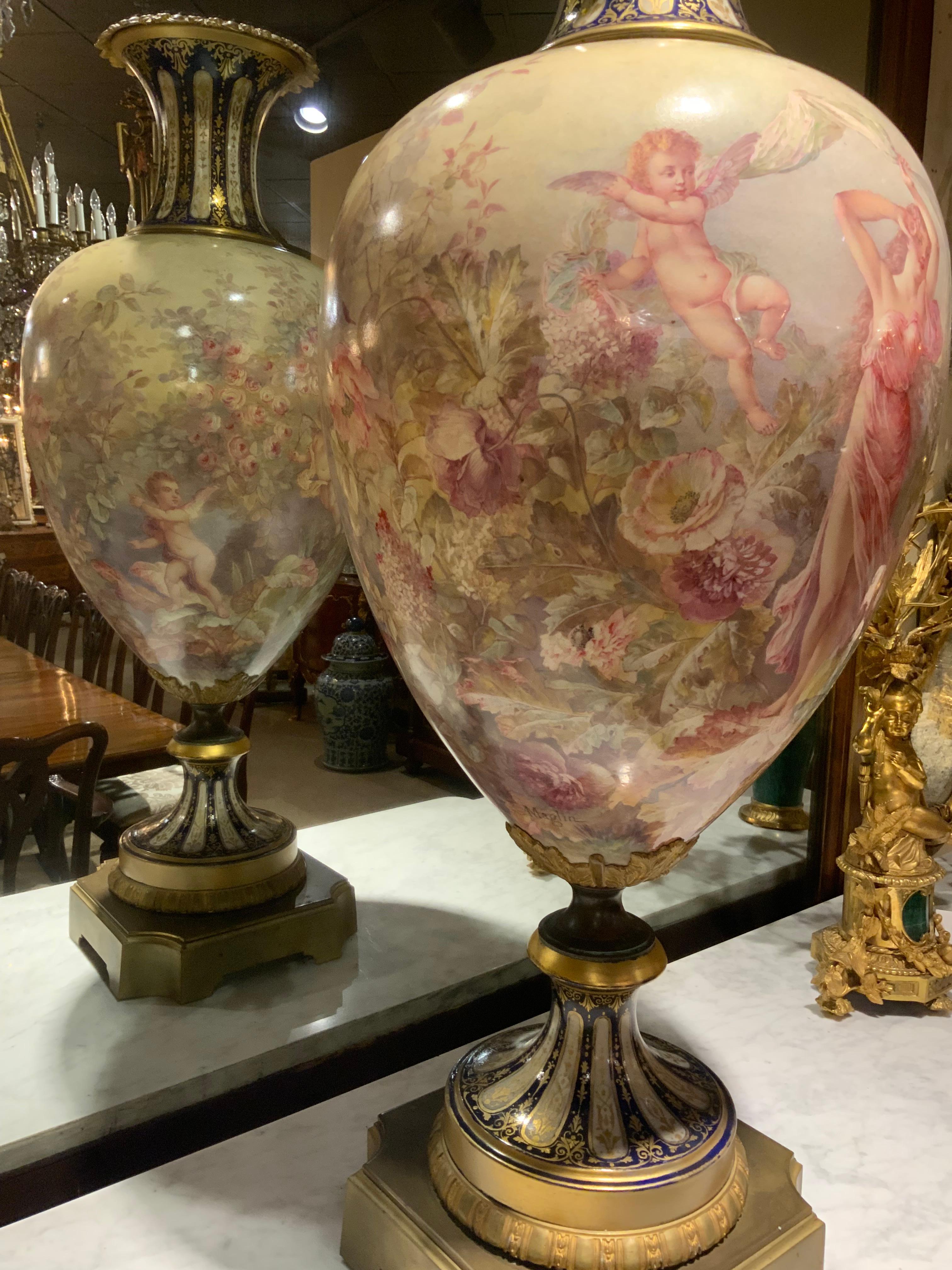 French Palace size 19 th century Sevres porcelain urn, signed Maglin For Sale