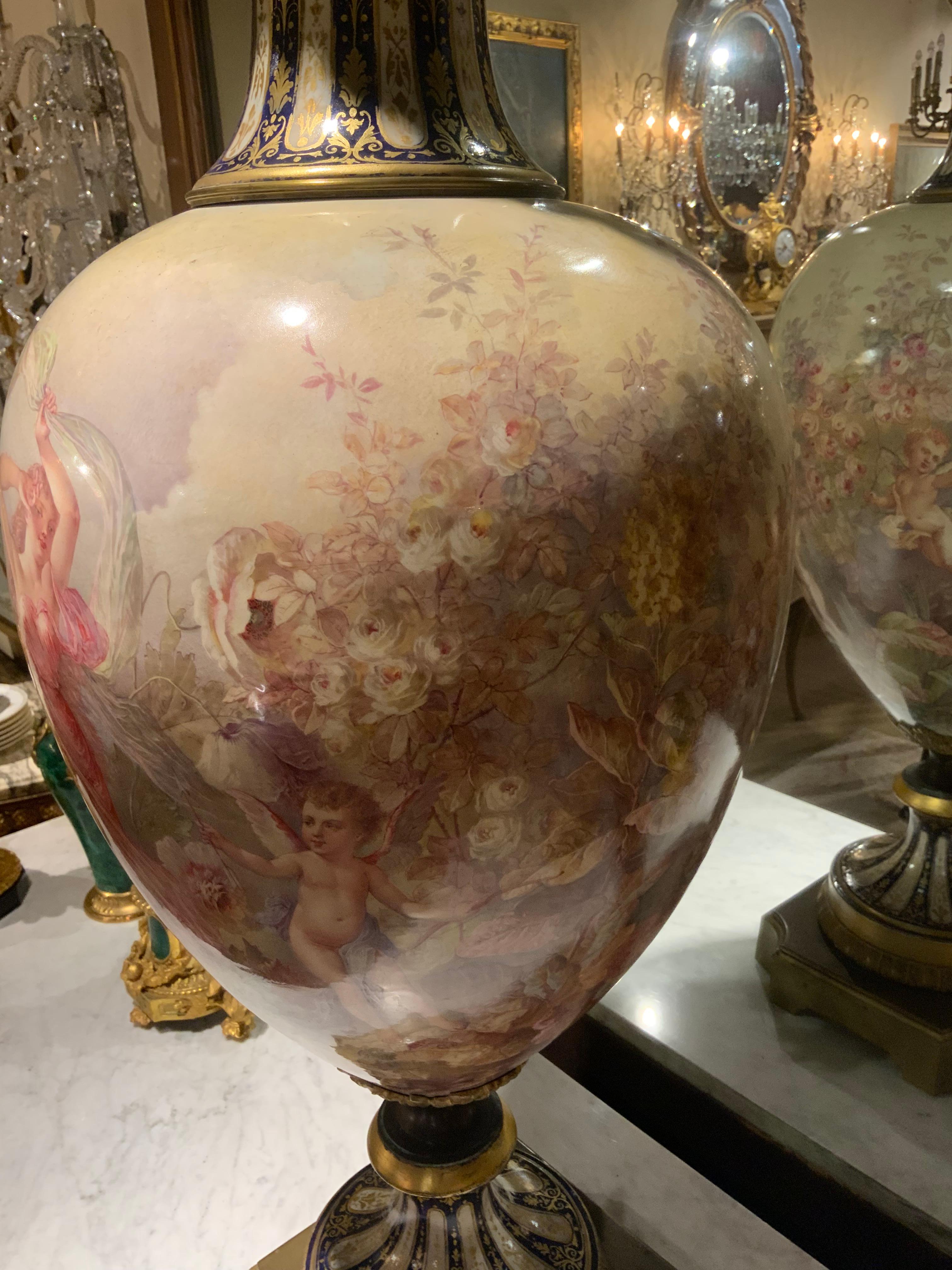 Hand-Painted Palace size 19 th century Sevres porcelain urn, signed Maglin For Sale