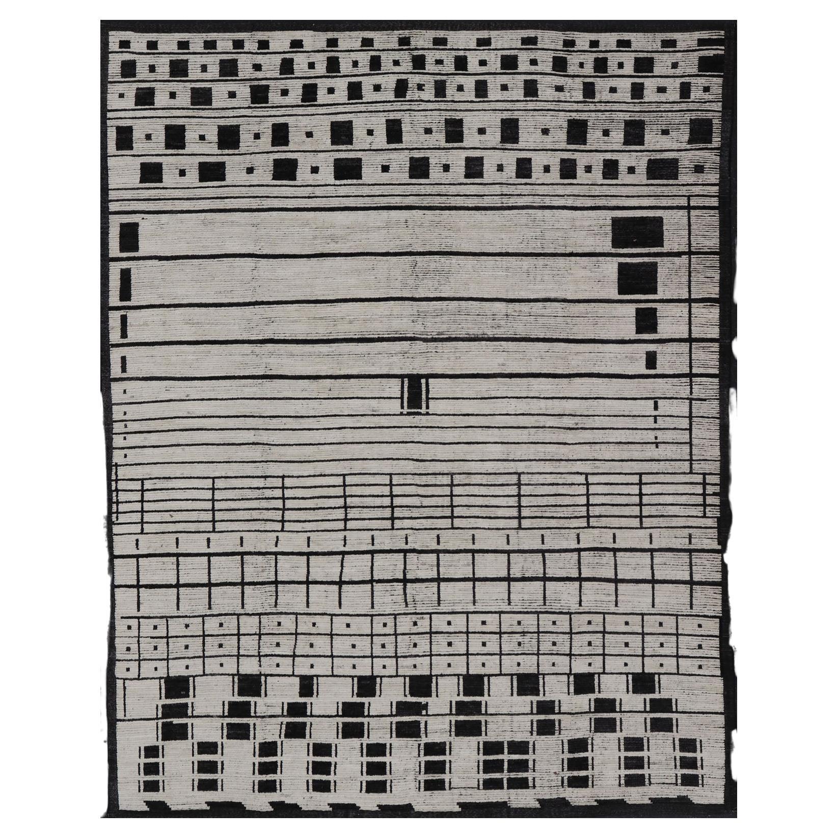 Palace Size Afghan Modern Casual Hand-Knotted in Wool With Black and White For Sale
