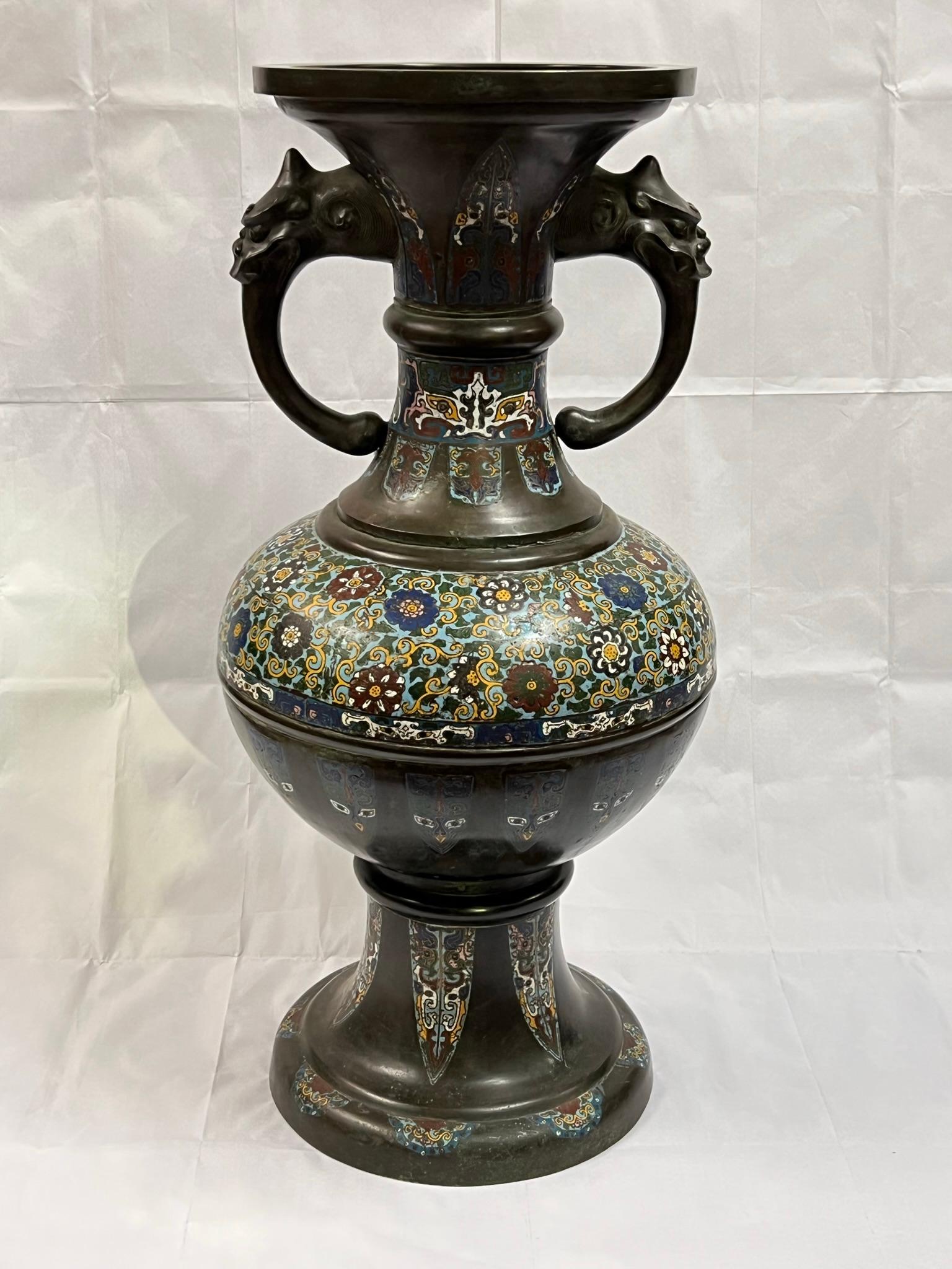 Palace size Antique 19th century Chinese Archaic style Champleve bronze floor vase.