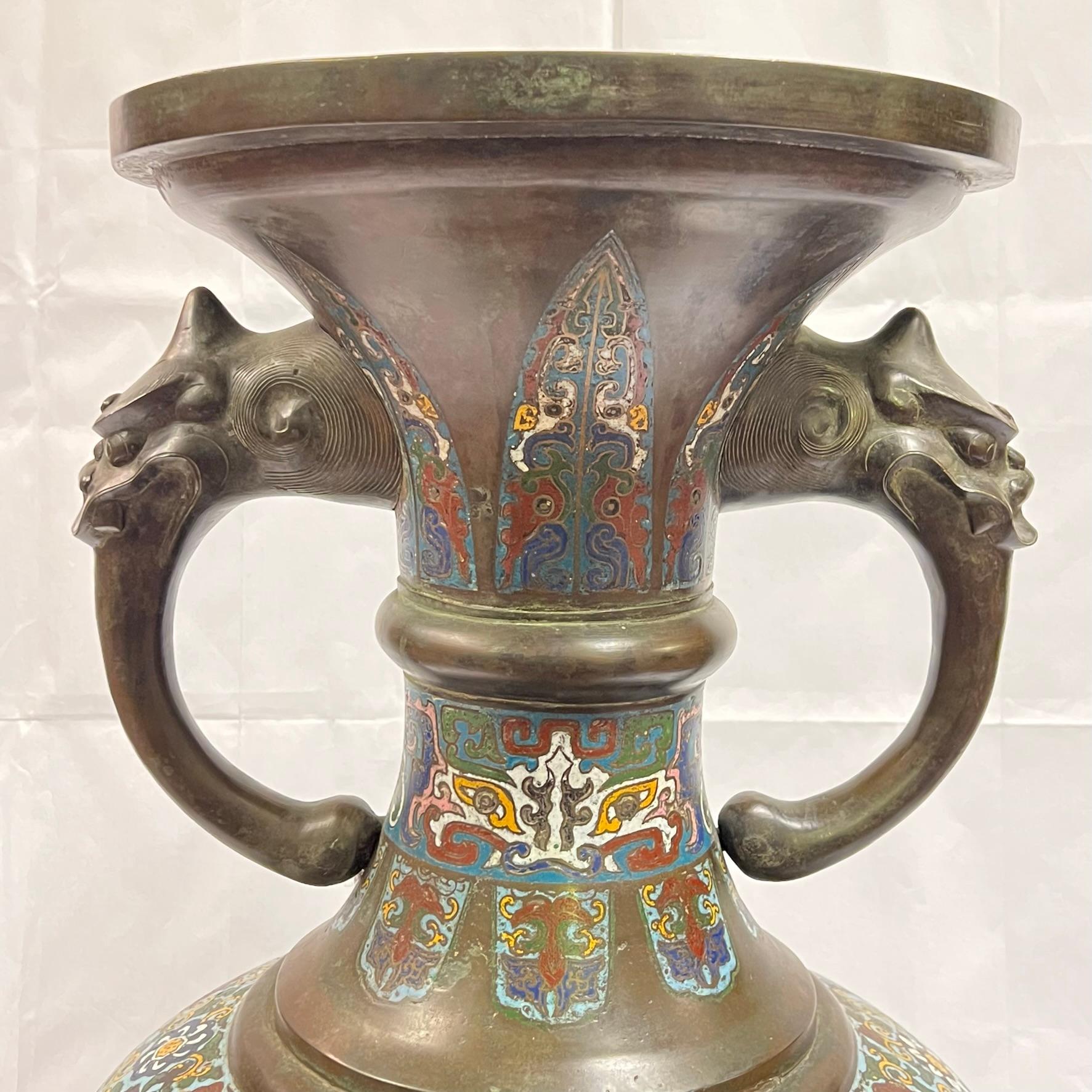 Palace Size Antique Chinese Archaic Style Champleve Bronze Floor Vase In Good Condition In New York, NY