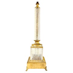 Palace Size Antique Neoclassical Style Gilt Bronze Cut Crystal Column Table Lamp