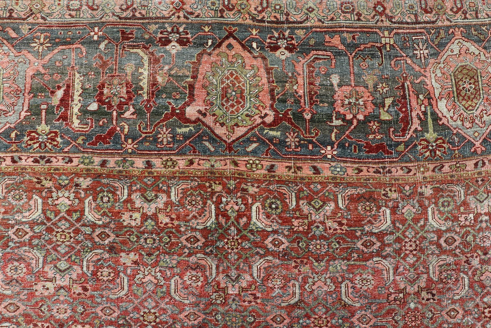 Palace Size Antique Persian Bidjar Rug in Shades of Red, Blue Grey & Lime Green For Sale 3