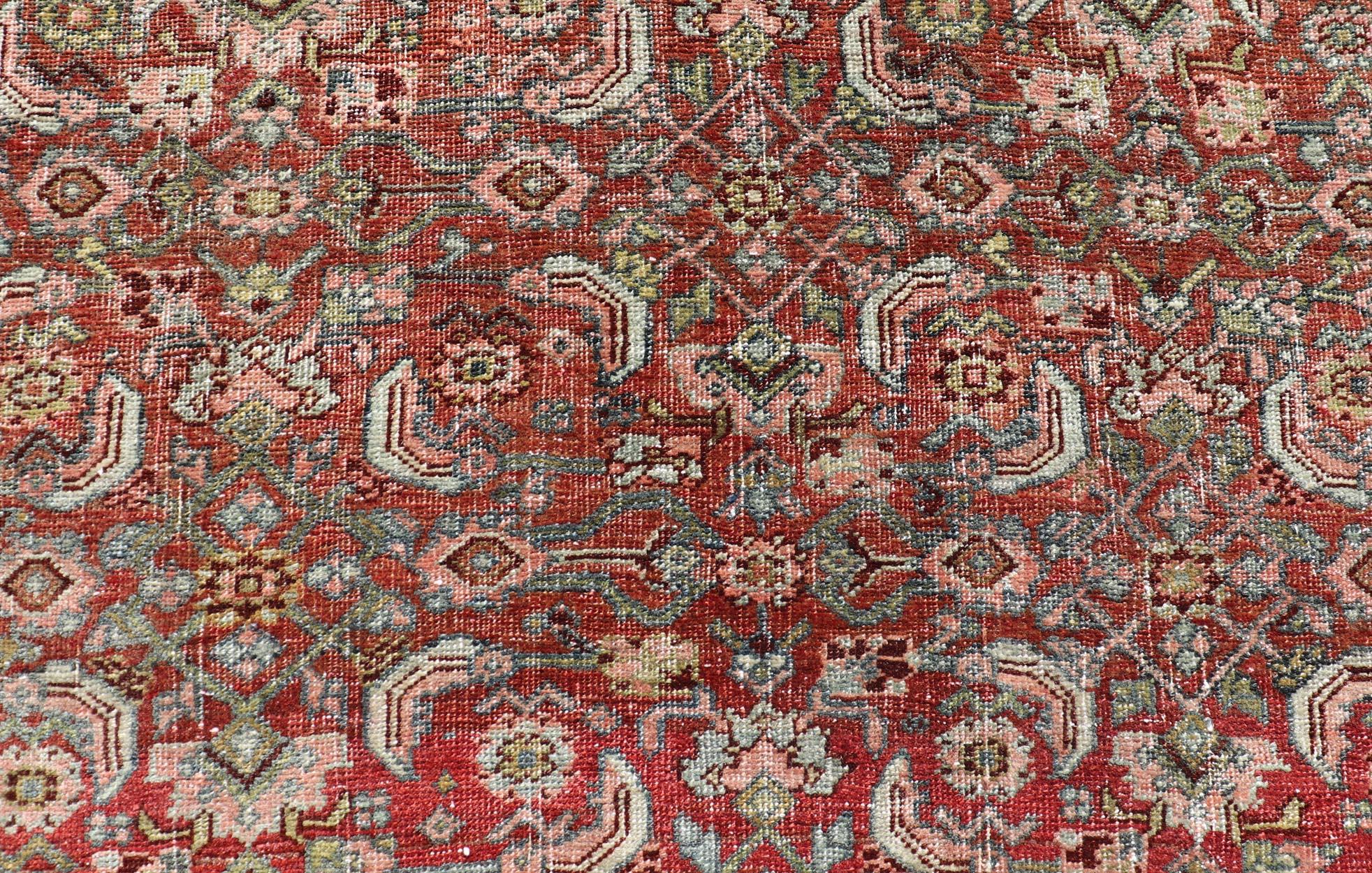 Palace Size Antique Persian Bidjar Rug in Shades of Red, Blue Grey & Lime Green For Sale 4