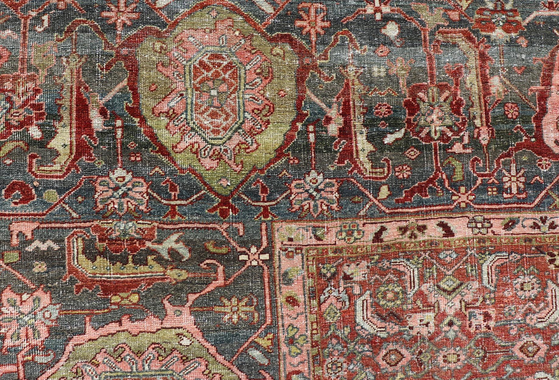 Palace Size Antique Persian Bidjar Rug in Shades of Red, Blue Grey & Lime Green For Sale 5
