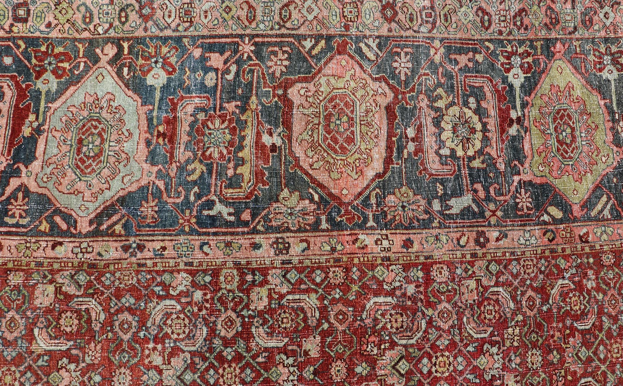 Palace Size Antique Persian Bidjar Rug in Shades of Red, Blue Grey & Lime Green For Sale 6