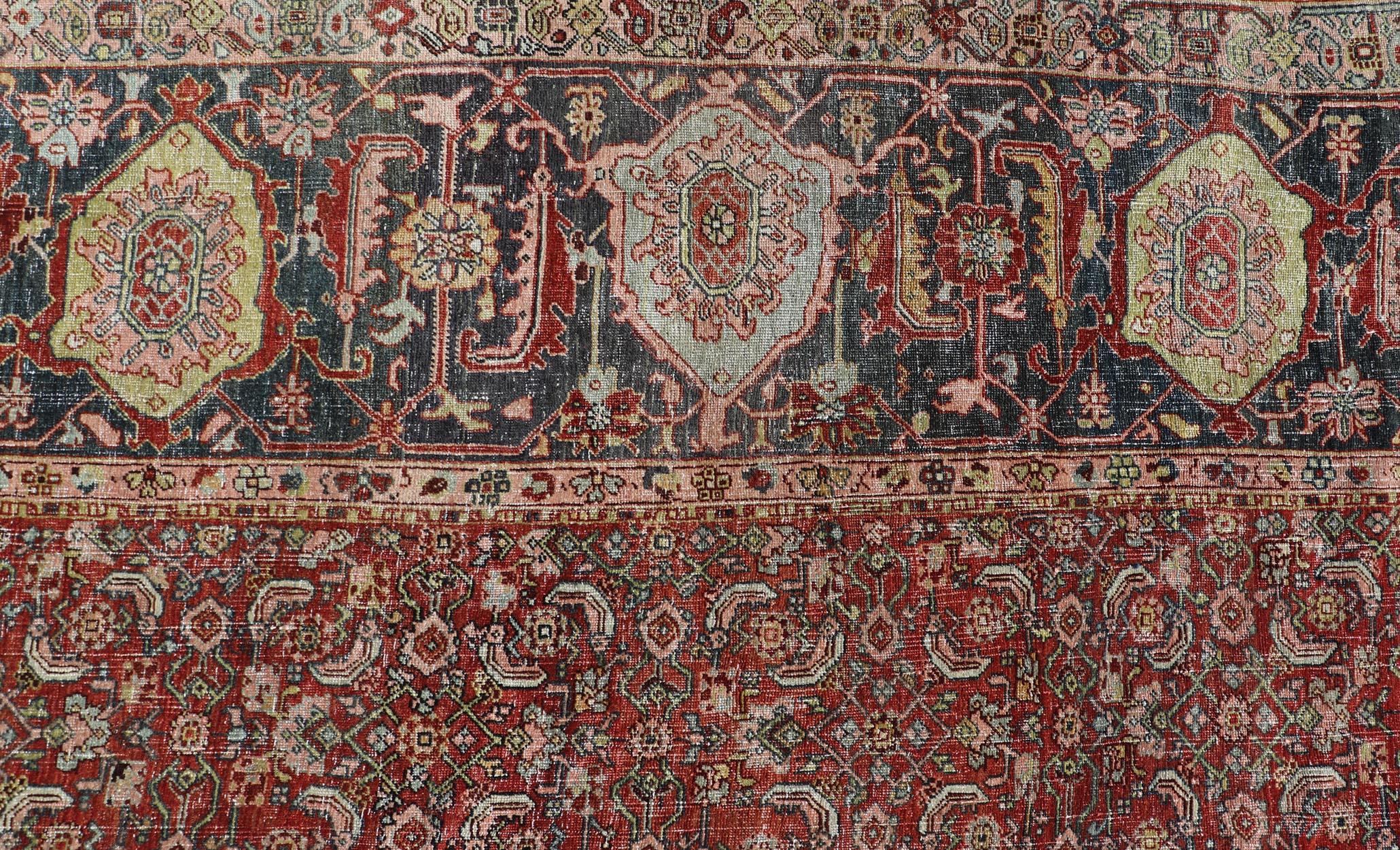 Palace Size Antique Persian Bidjar Rug in Shades of Red, Blue Grey & Lime Green For Sale 7