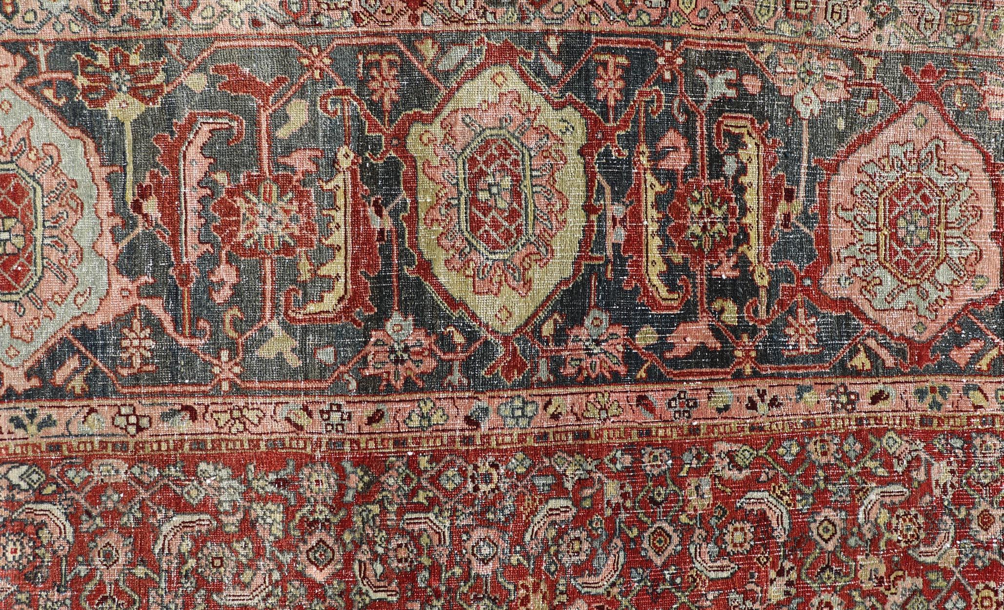 Palace Size Antique Persian Bidjar Rug in Shades of Red, Blue Grey & Lime Green For Sale 8