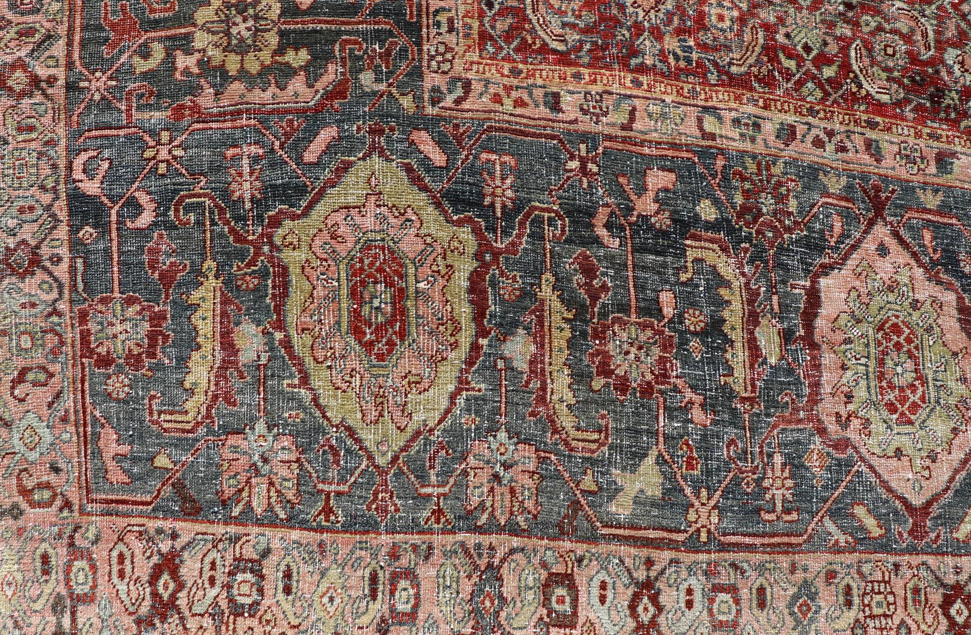 Palace Size Antique Persian Bidjar Rug in Shades of Red, Blue Grey & Lime Green For Sale 9