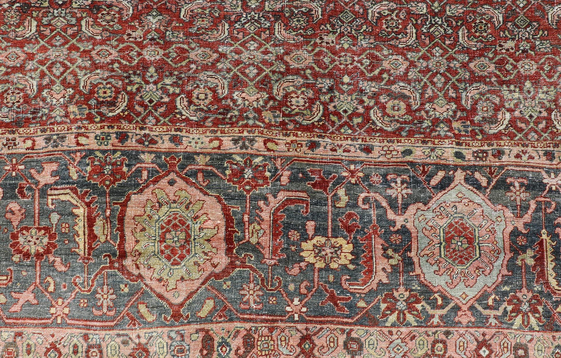 Palace Size Antique Persian Bidjar Rug in Shades of Red, Blue Grey & Lime Green For Sale 10