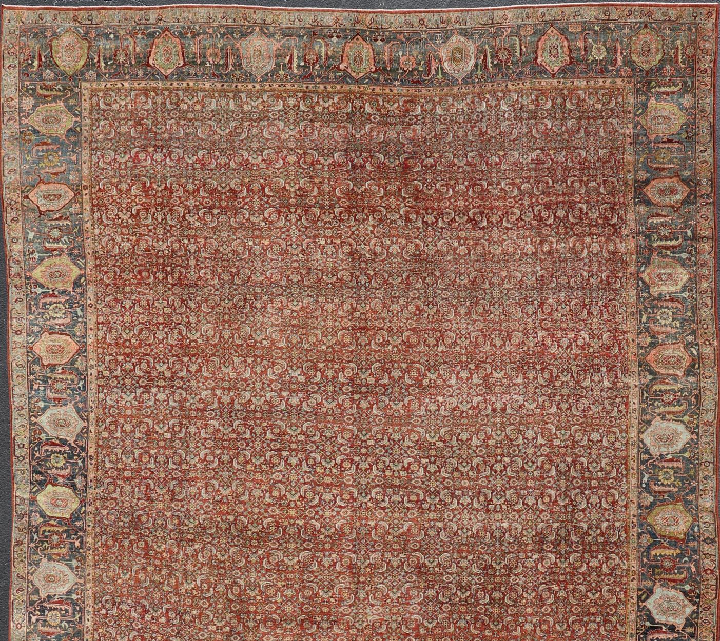 Palace Size Antique Persian Bidjar Rug in Shades of Red, Blue Grey & Lime Green For Sale 12