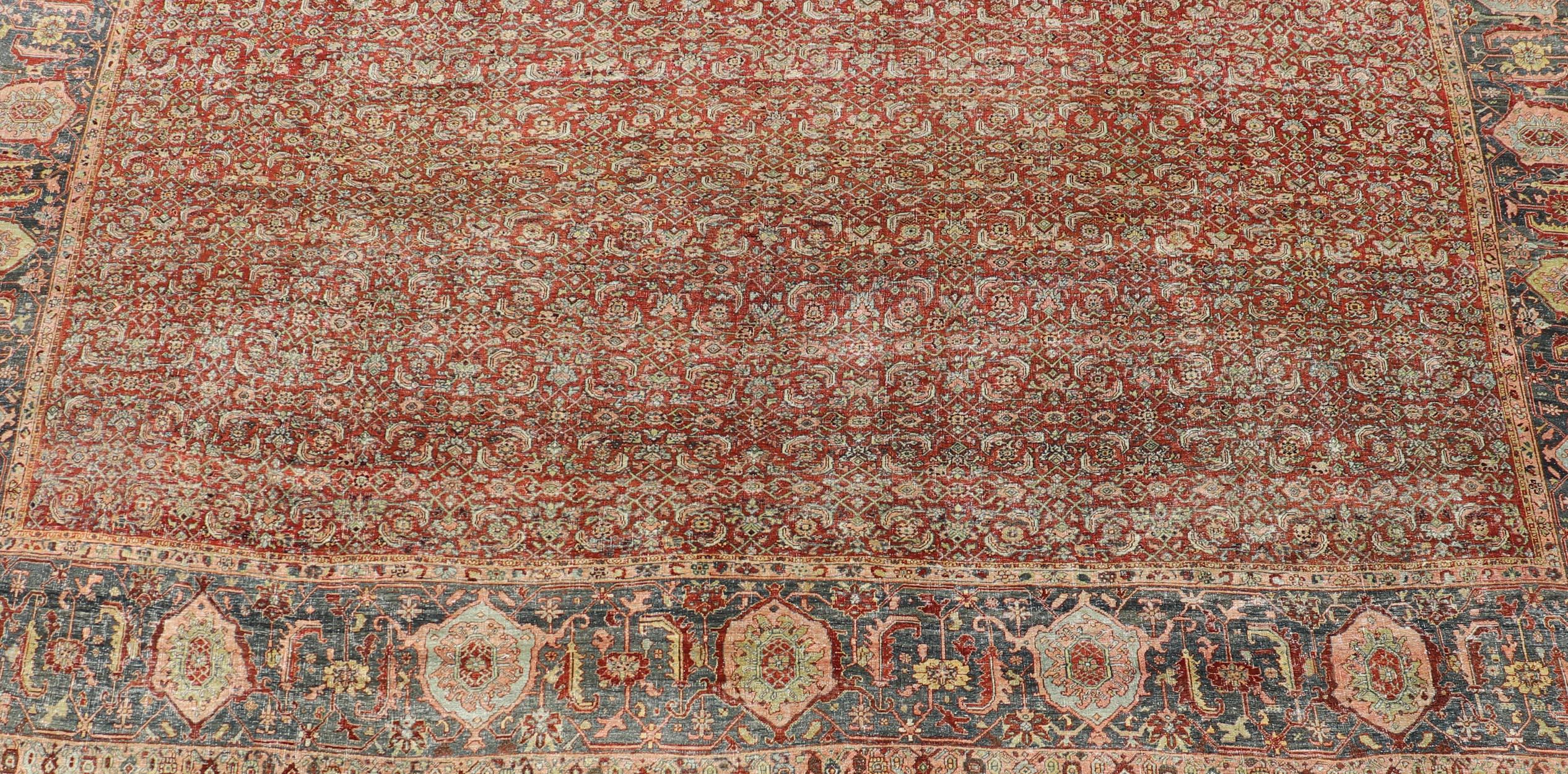 Sultanabad Palace Size Antique Persian Bidjar Rug in Shades of Red, Blue Grey & Lime Green For Sale