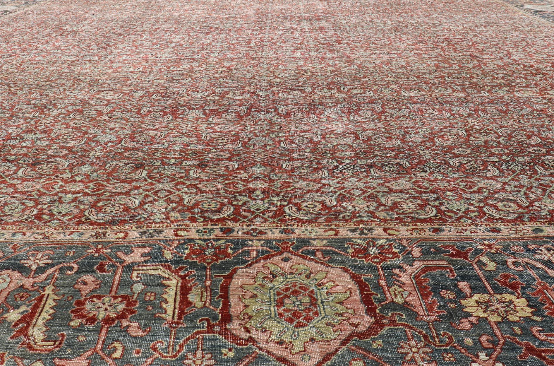 Palace Size Antique Persian Bidjar Rug in Shades of Red, Blue Grey & Lime Green In Good Condition For Sale In Atlanta, GA