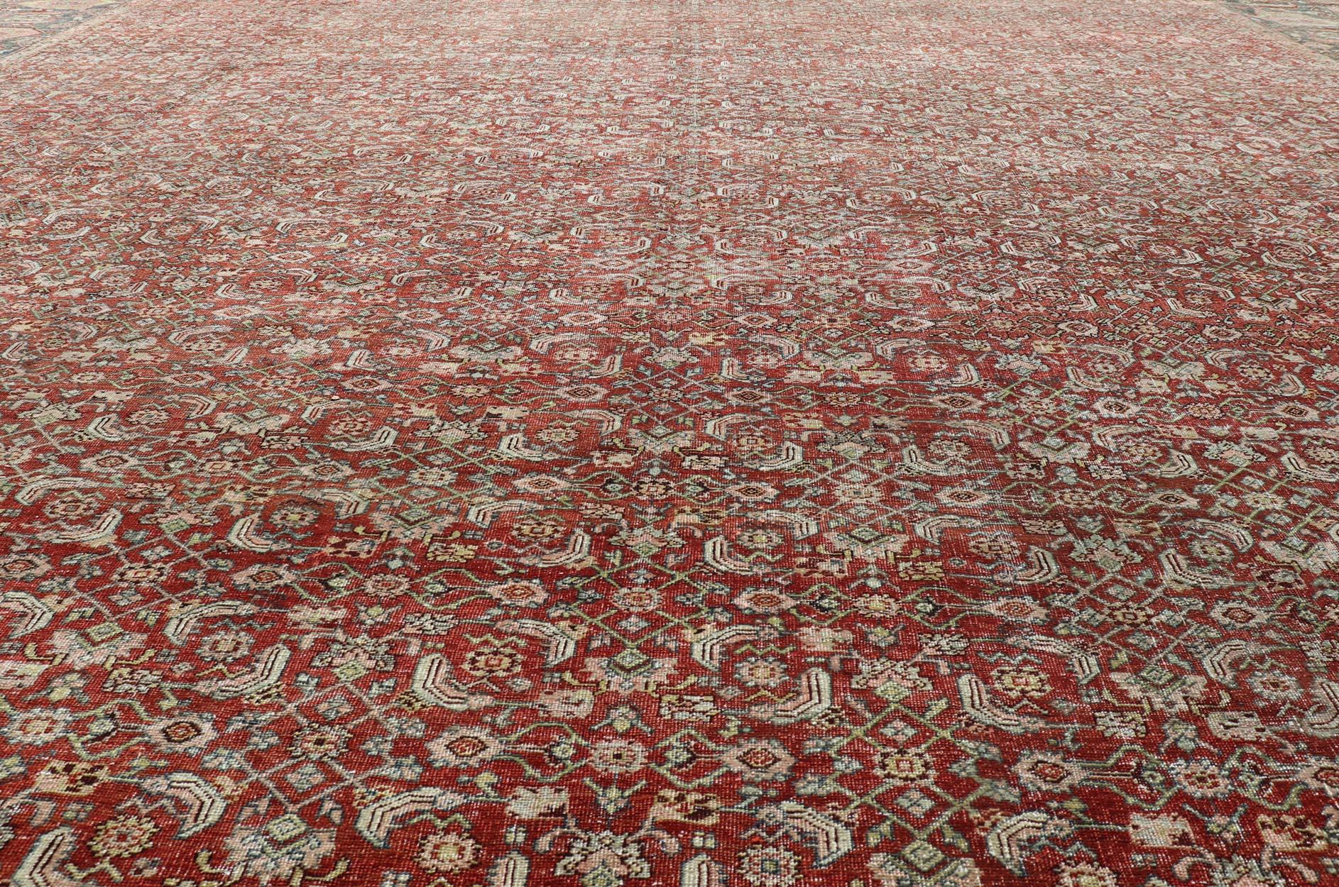 20th Century Palace Size Antique Persian Bidjar Rug in Shades of Red, Blue Grey & Lime Green For Sale