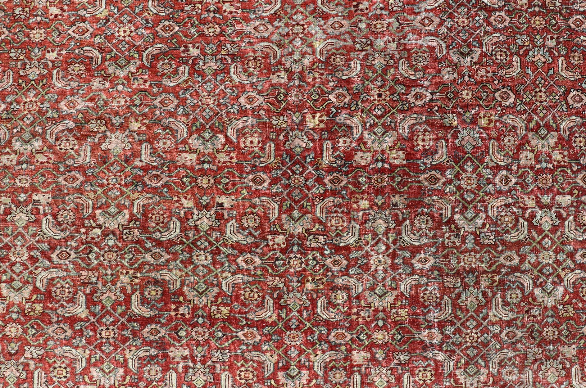 Wool Palace Size Antique Persian Bidjar Rug in Shades of Red, Blue Grey & Lime Green For Sale