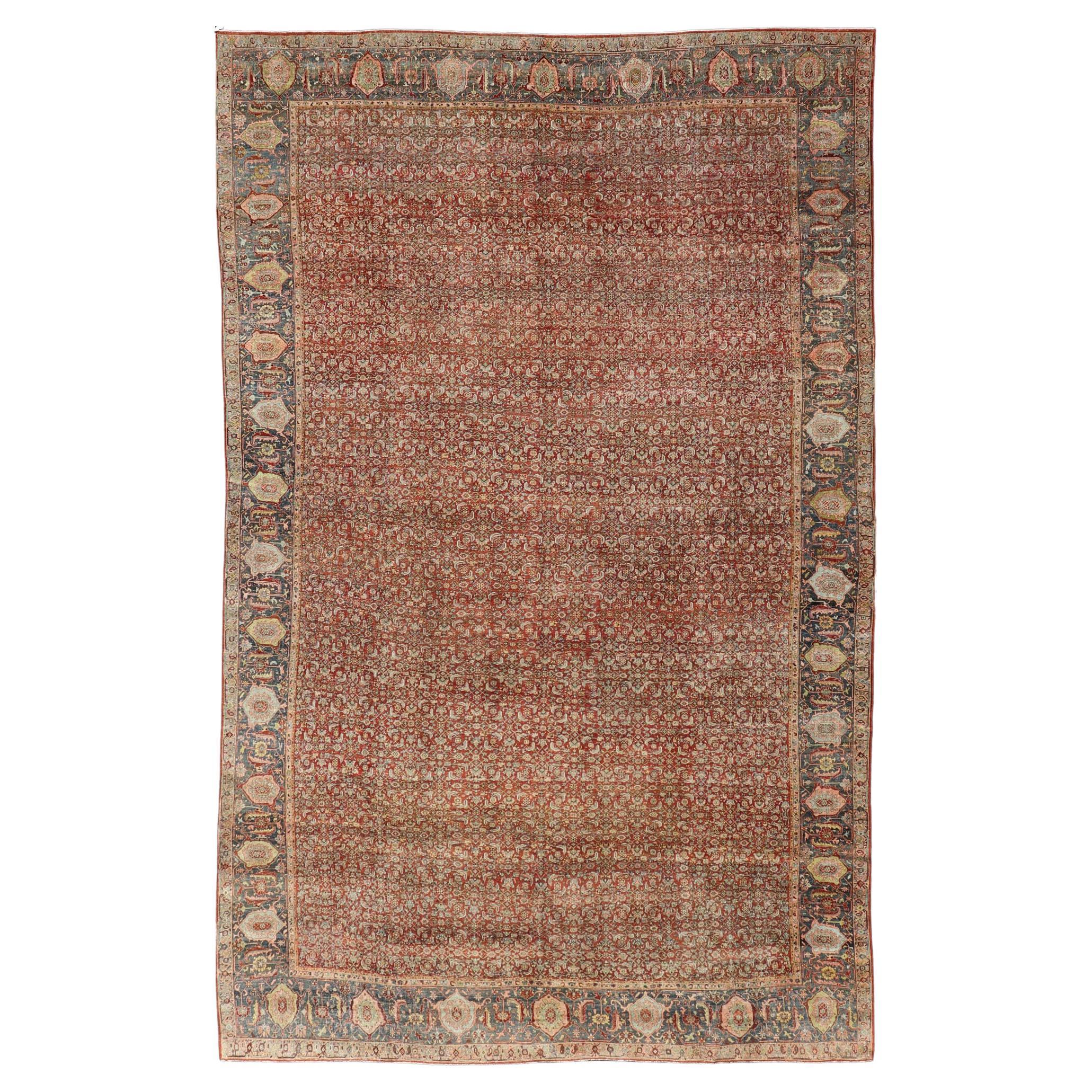 Palace Size Antique Persian Bidjar Rug in Shades of Red, Blue Grey & Lime Green For Sale