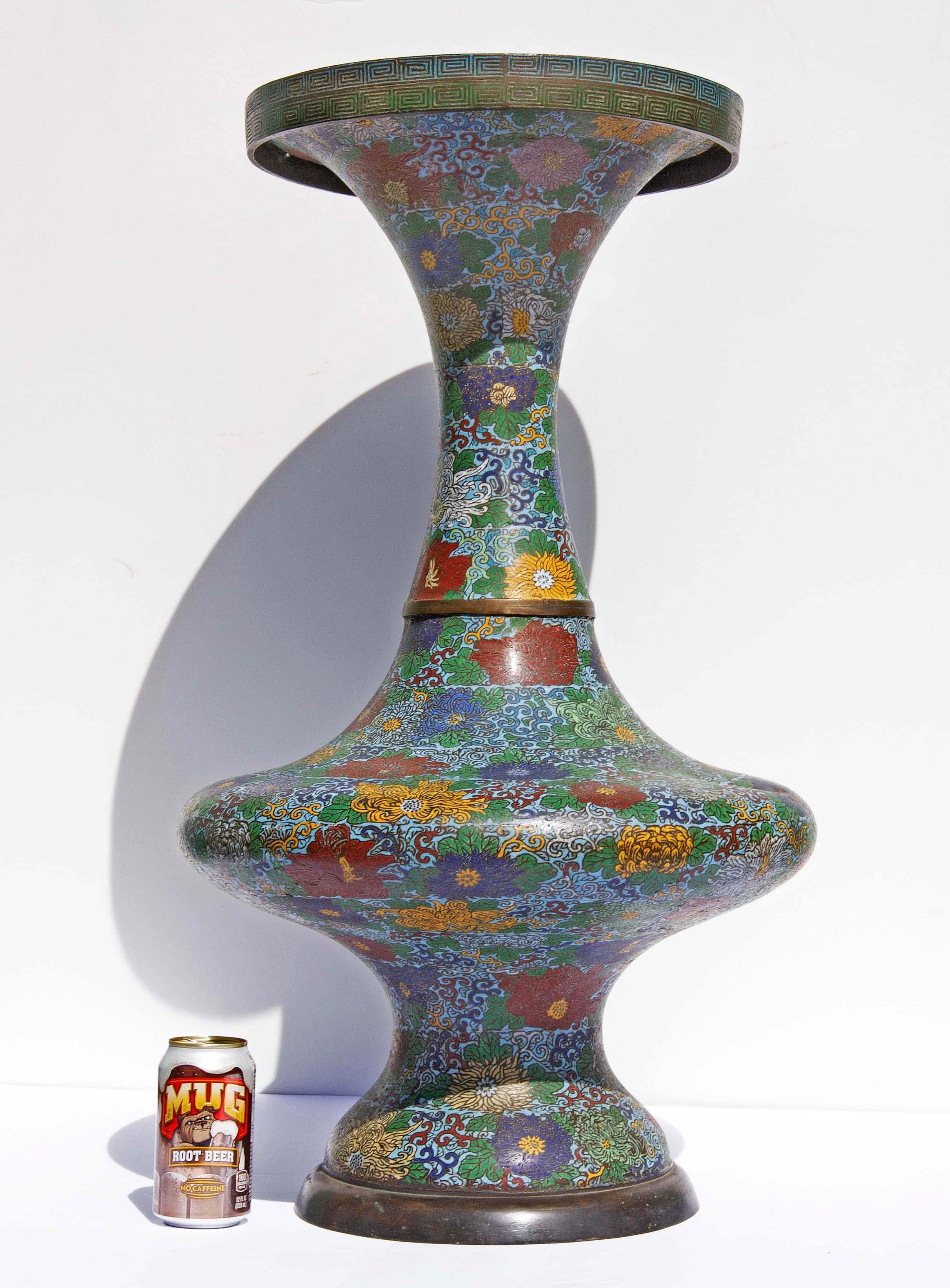 Antique monumental cloisonné floor vase. An exotic form with colorful enamel. Japanese Meiji period. Late 19th century. Enamel on bronze. Measure: 31