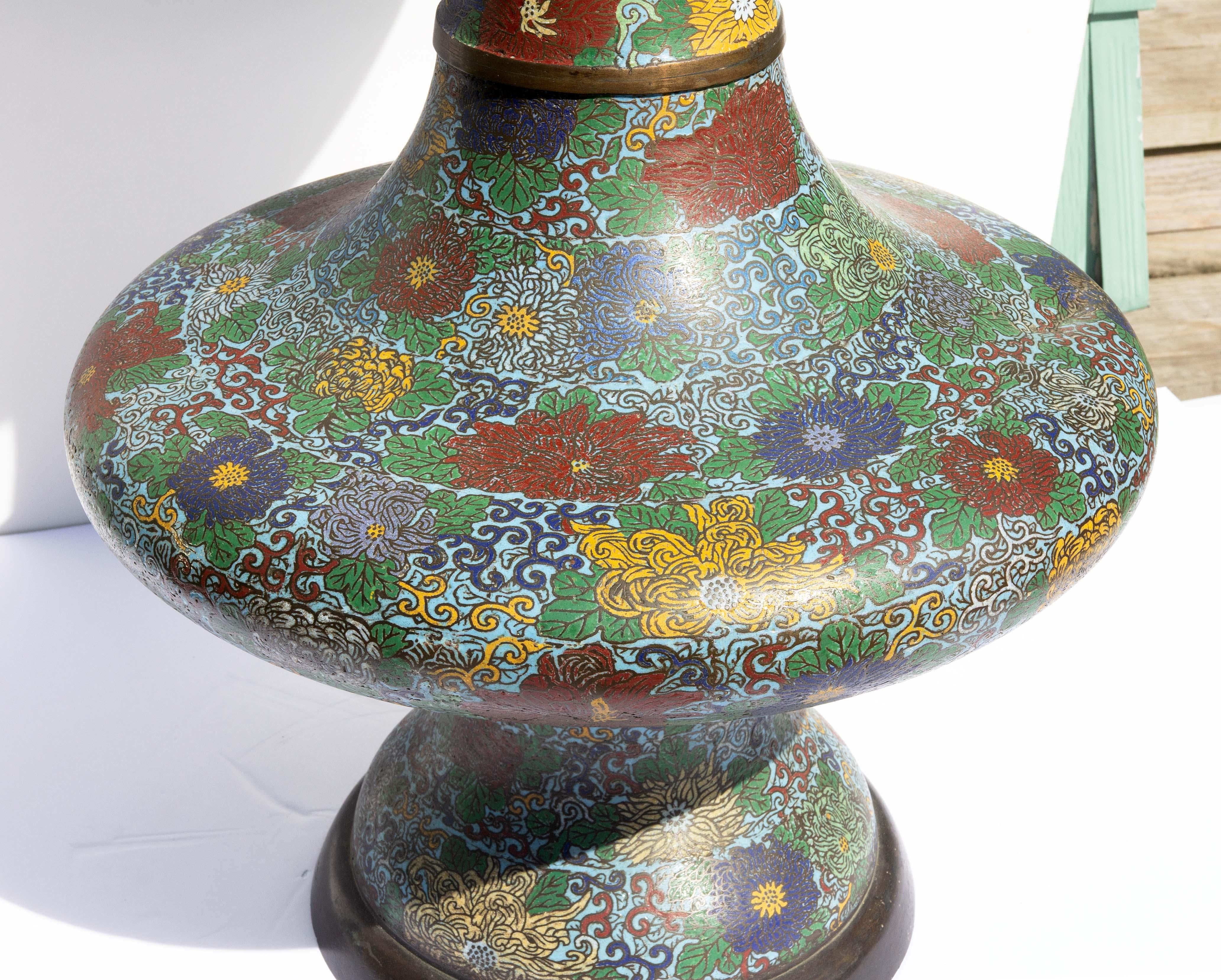 Hand-Crafted Palace Size Asian Cloisonné Floor Vase For Sale