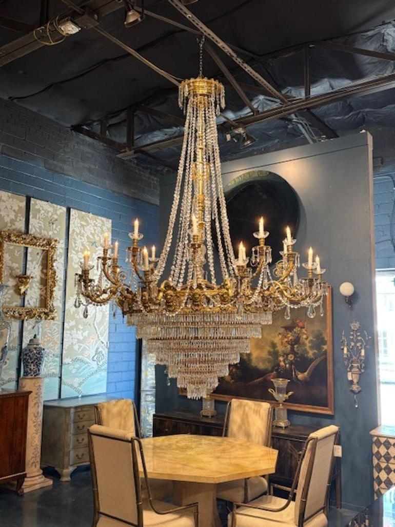 The Palace Size French Empire Gilt Bronze and Crystal Chandelier is a grand and luxurious lighting fixture that exudes elegance and sophistication. With its intricate design and exquisite detailing, this chandelier is sure to make a statement in any