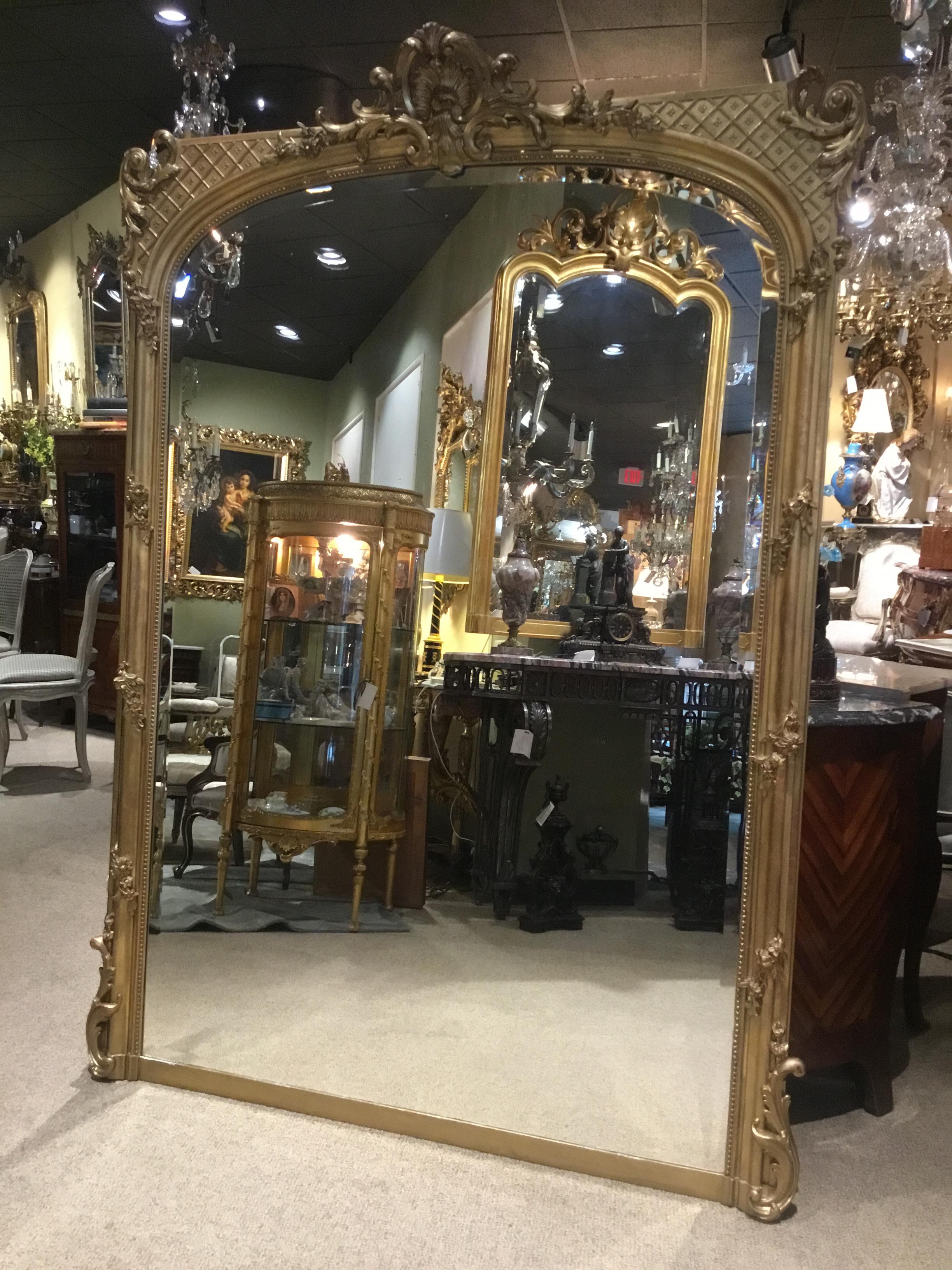 Gesso Palace Size French Giltwood Mirror, Louis XV Style, 19th Century