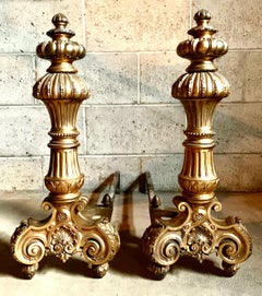 Palace Size French Louis XIV Style Gilt Bronze Andirons, 19th Century