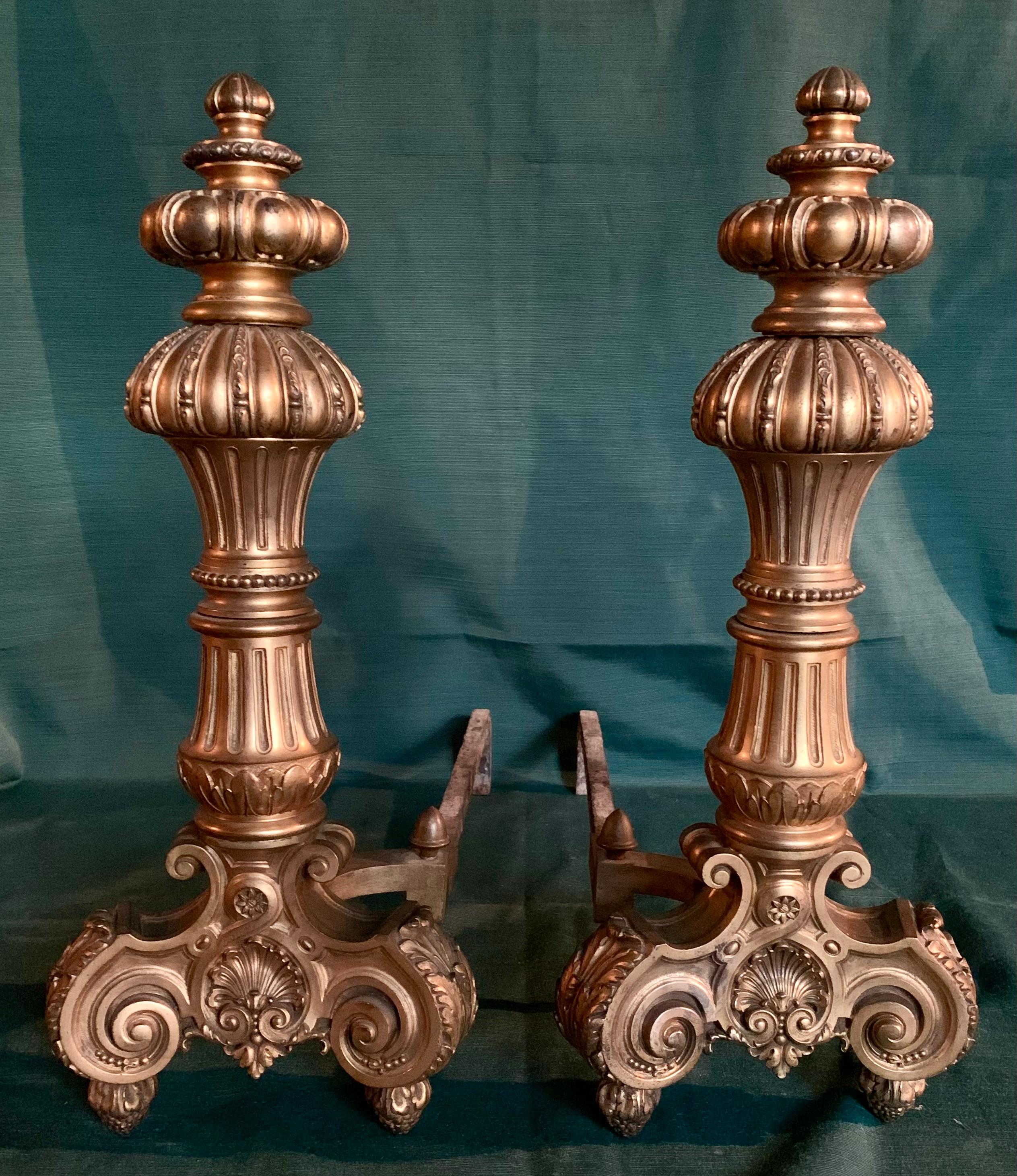 Palace Size French Louis XIV Style Gilt Bronze Andirons, 19th Century For Sale 4