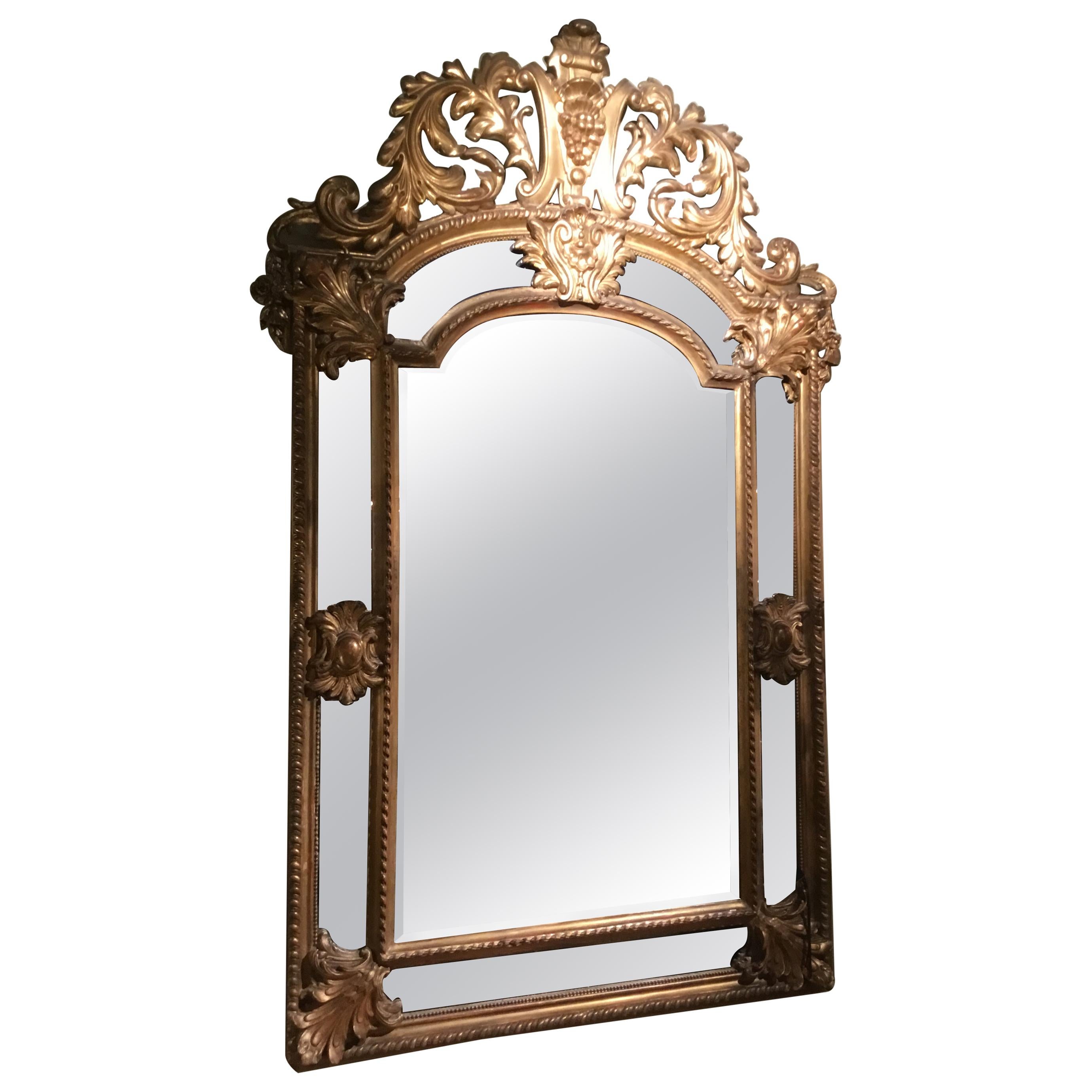 Palace Size Giltwood Rococo Style Cushion Mirror Beveled with Floral Designs For Sale