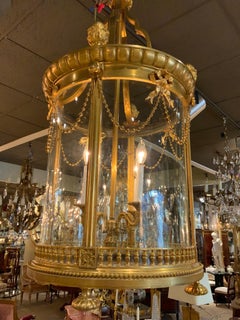 Palace Size Impressive Bronze Dore Lantern 19th C. with Bows and Swags 4 Lights