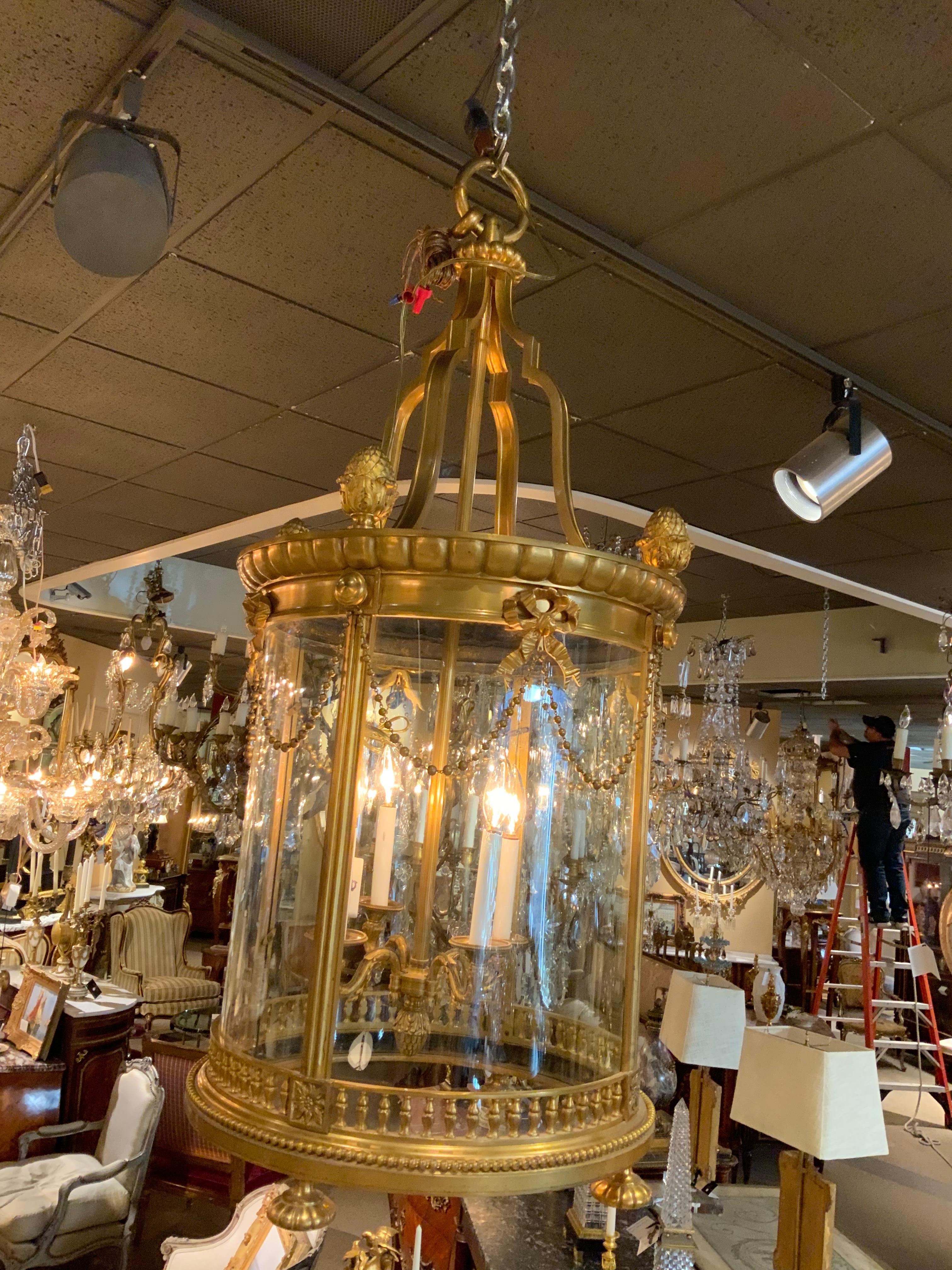 European Palace Size Impressive Bronze Dore Lantern 19th C. with Bows and Swags 4 Lights