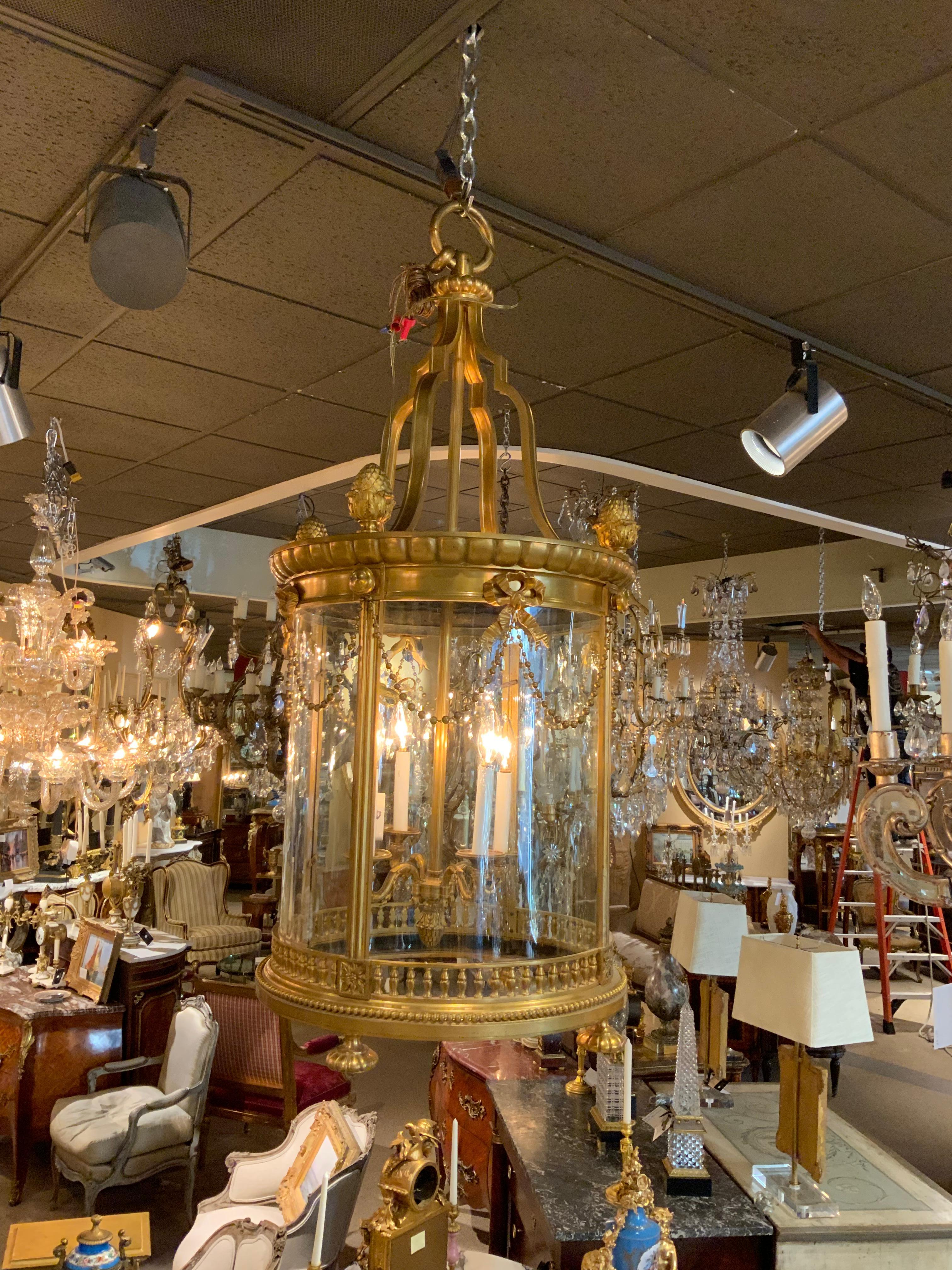 Gilt Palace Size Impressive Bronze Dore Lantern 19th C. with Bows and Swags 4 Lights