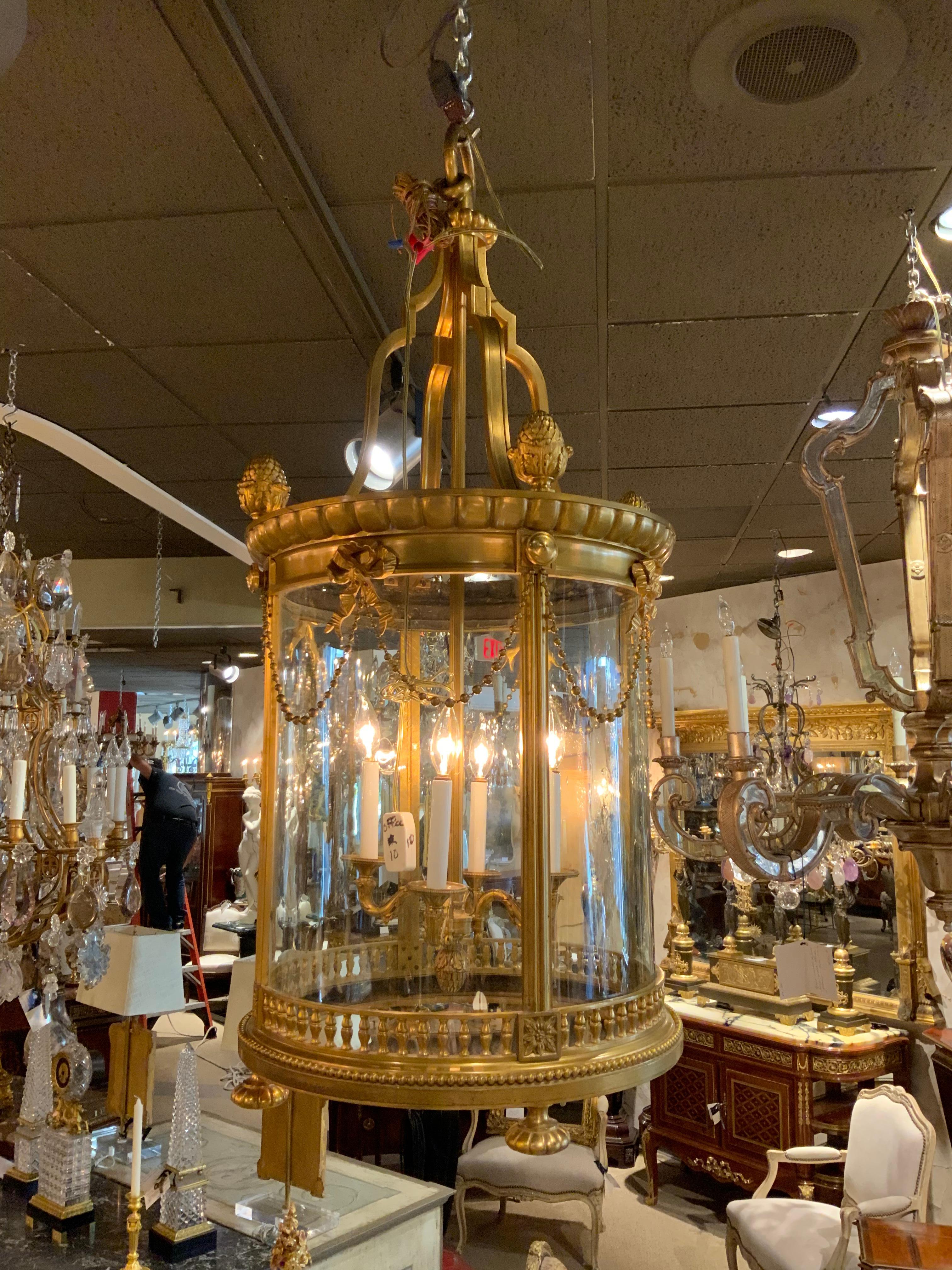 Palace Size Impressive Bronze Dore Lantern 19th C. with Bows and Swags 4 Lights In Excellent Condition In Houston, TX