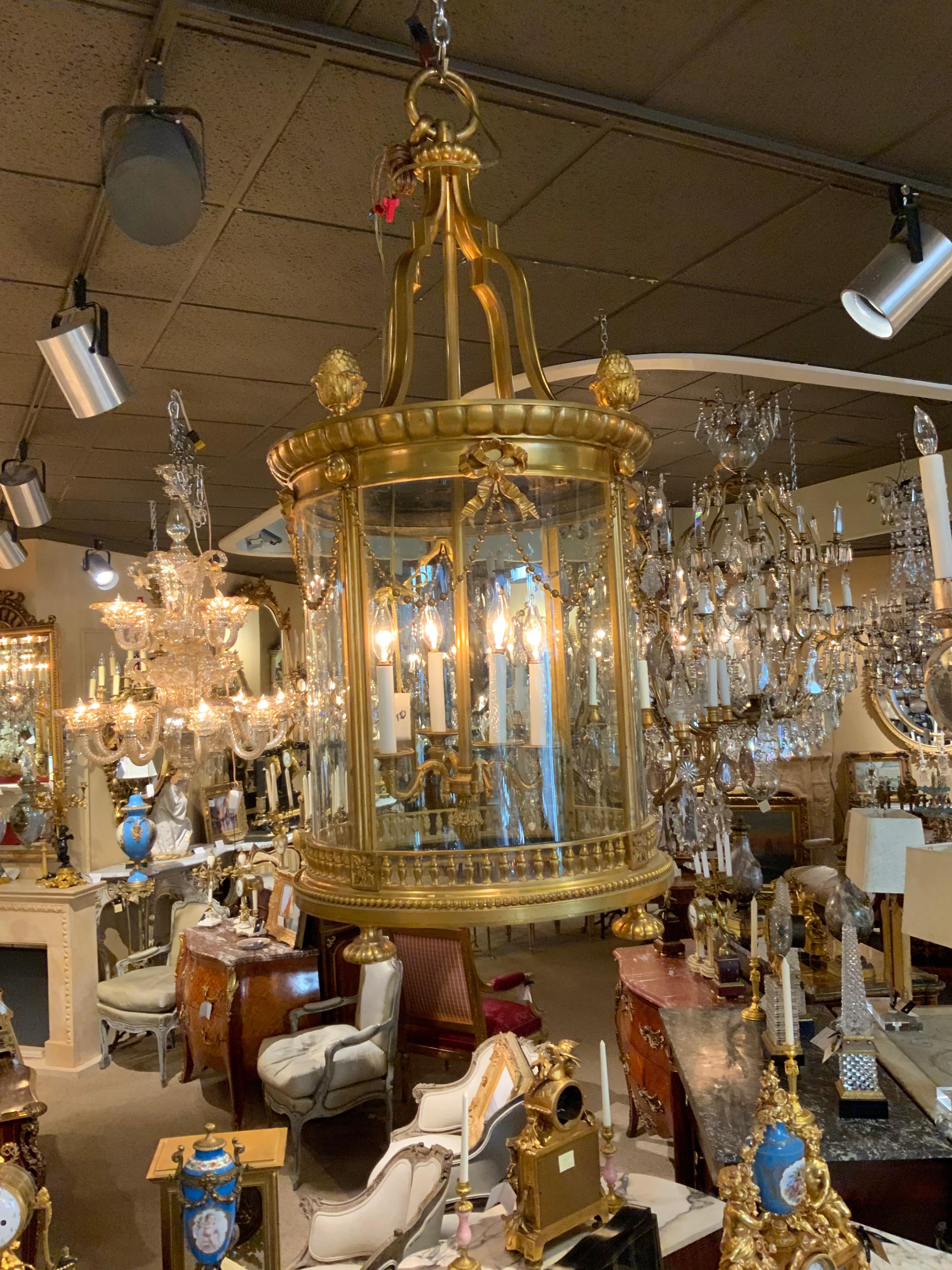 19th Century Palace Size Impressive Bronze Dore Lantern 19th C. with Bows and Swags 4 Lights