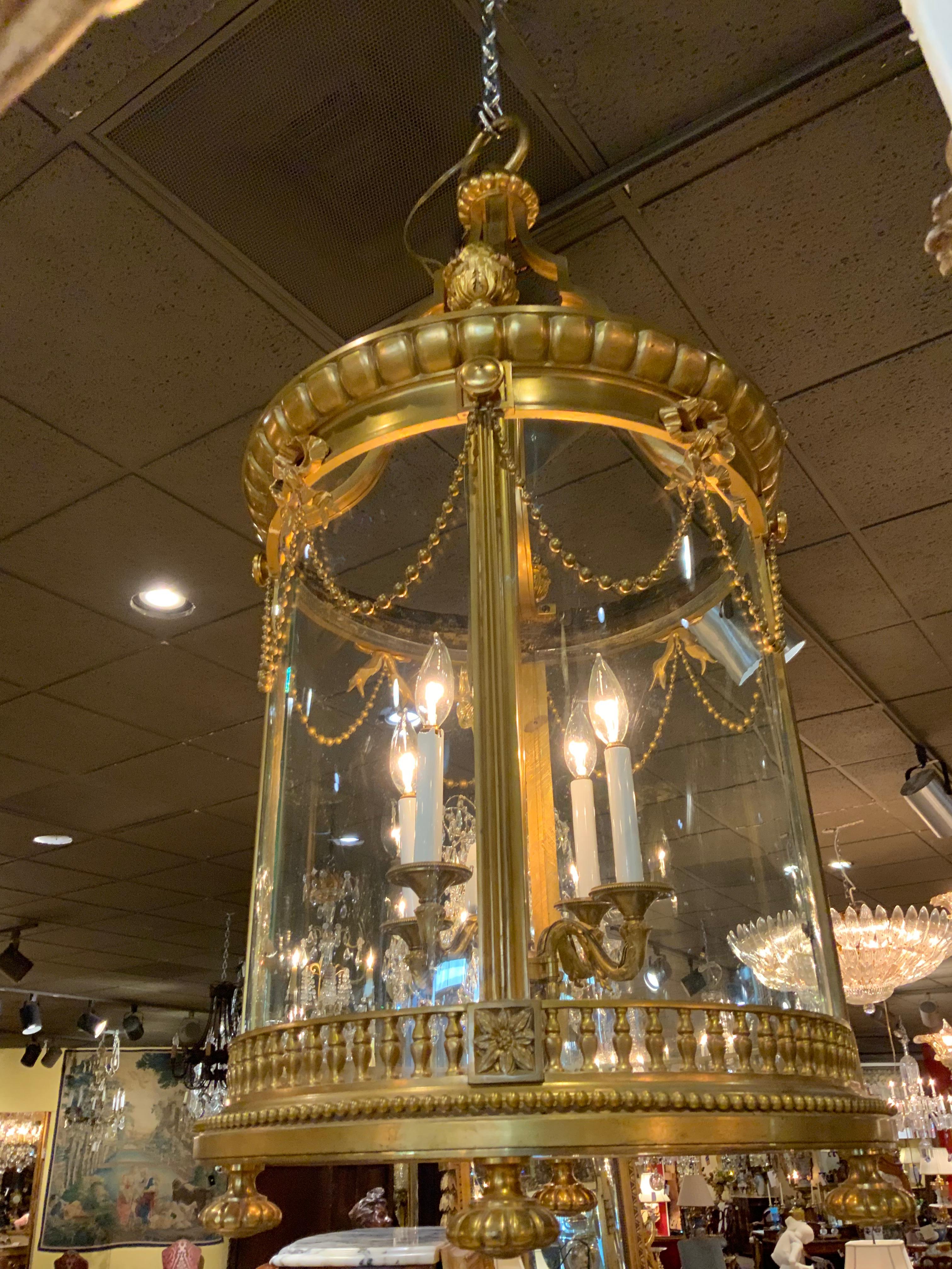 Palace Size Impressive Bronze Dore Lantern 19th C. with Bows and Swags 4 Lights 1