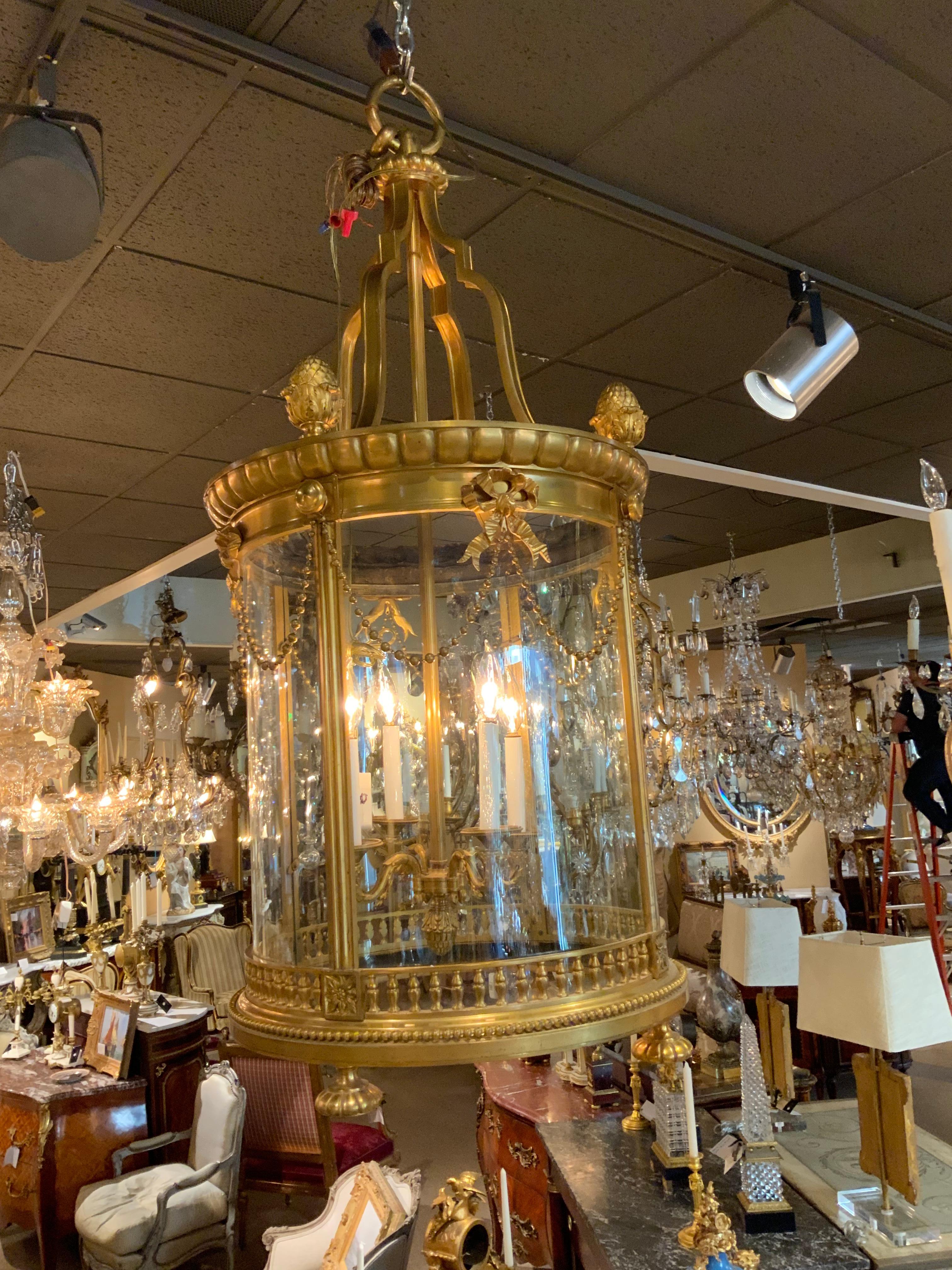 Palace Size Impressive Bronze Dore Lantern 19th C. with Bows and Swags 4 Lights 3