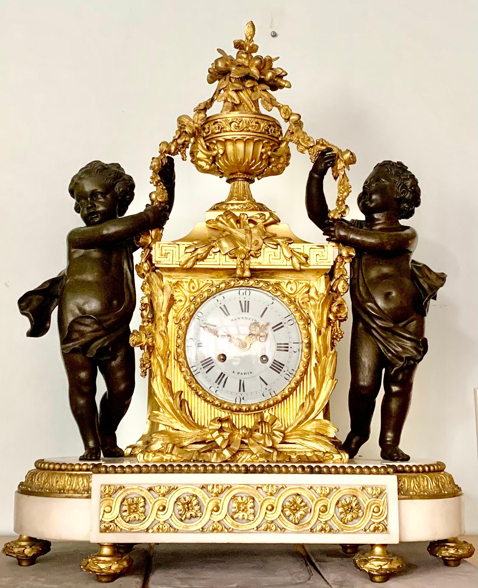 Palace Size Louis XVI Style Dore, Patinated Bronze Carrara Marble Figural Clock For Sale 8