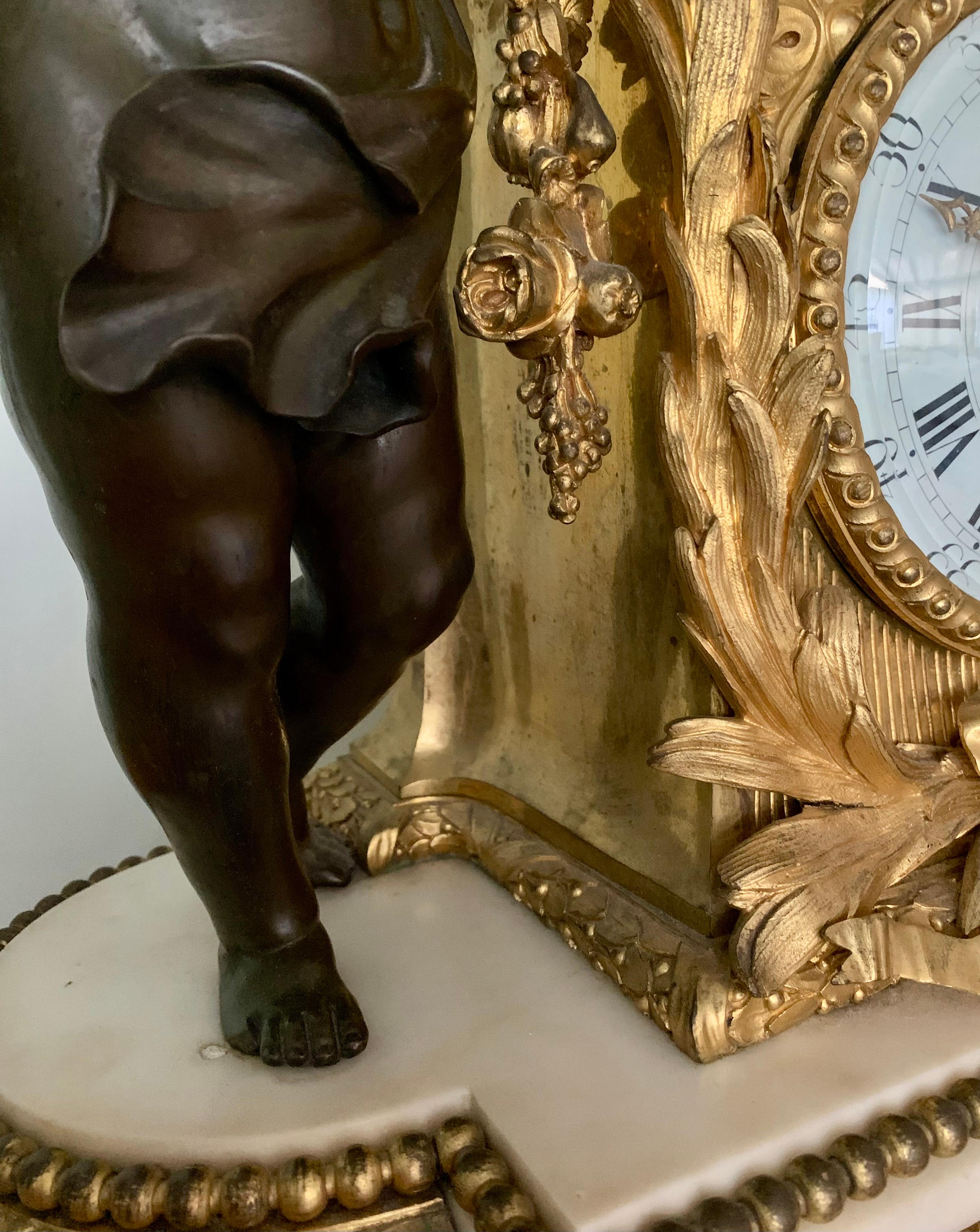 Palace Size Louis XVI Style Dore, Patinated Bronze Carrara Marble Figural Clock For Sale 1
