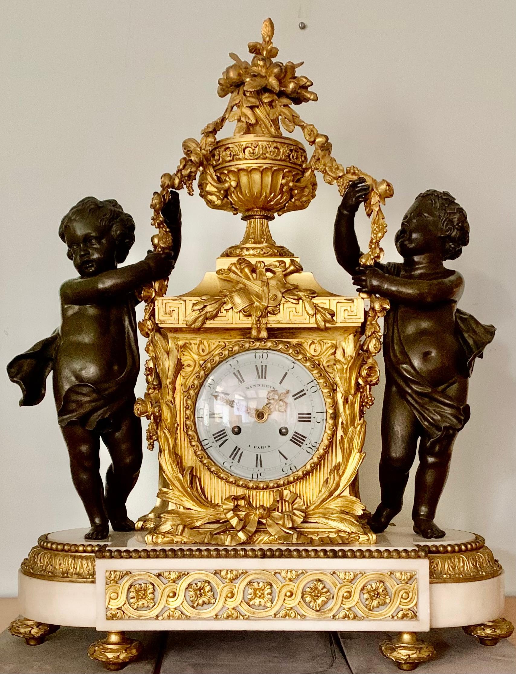 Palace Size Louis XVI Style Dore, Patinated Bronze Carrara Marble Figural Clock For Sale 3