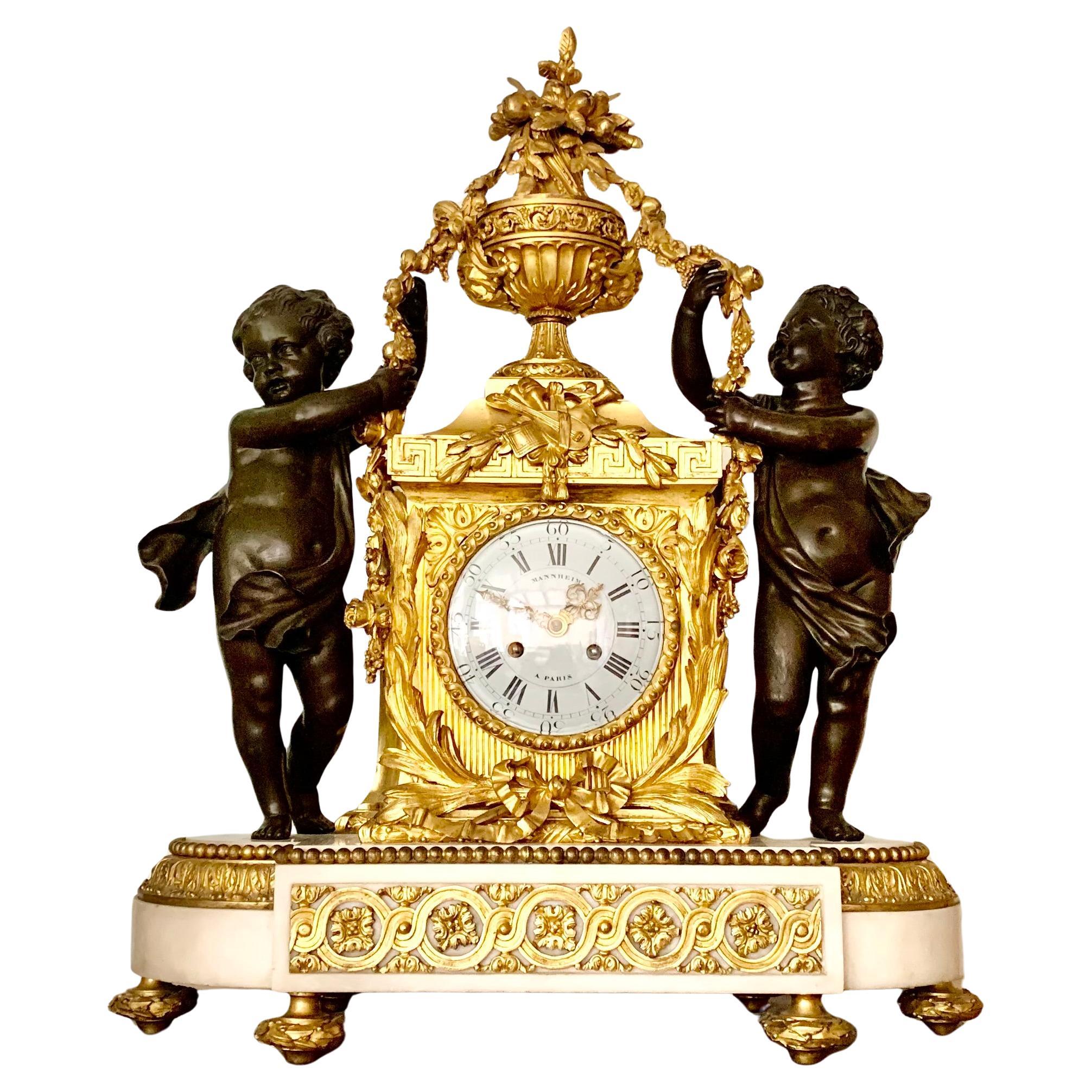 Palace Size Louis XVI Style Dore, Patinated Bronze Carrara Marble Figural Clock