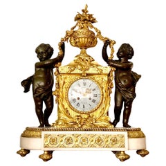 Antique Palace Size Louis XVI Style Dore, Patinated Bronze Carrara Marble Figural Clock