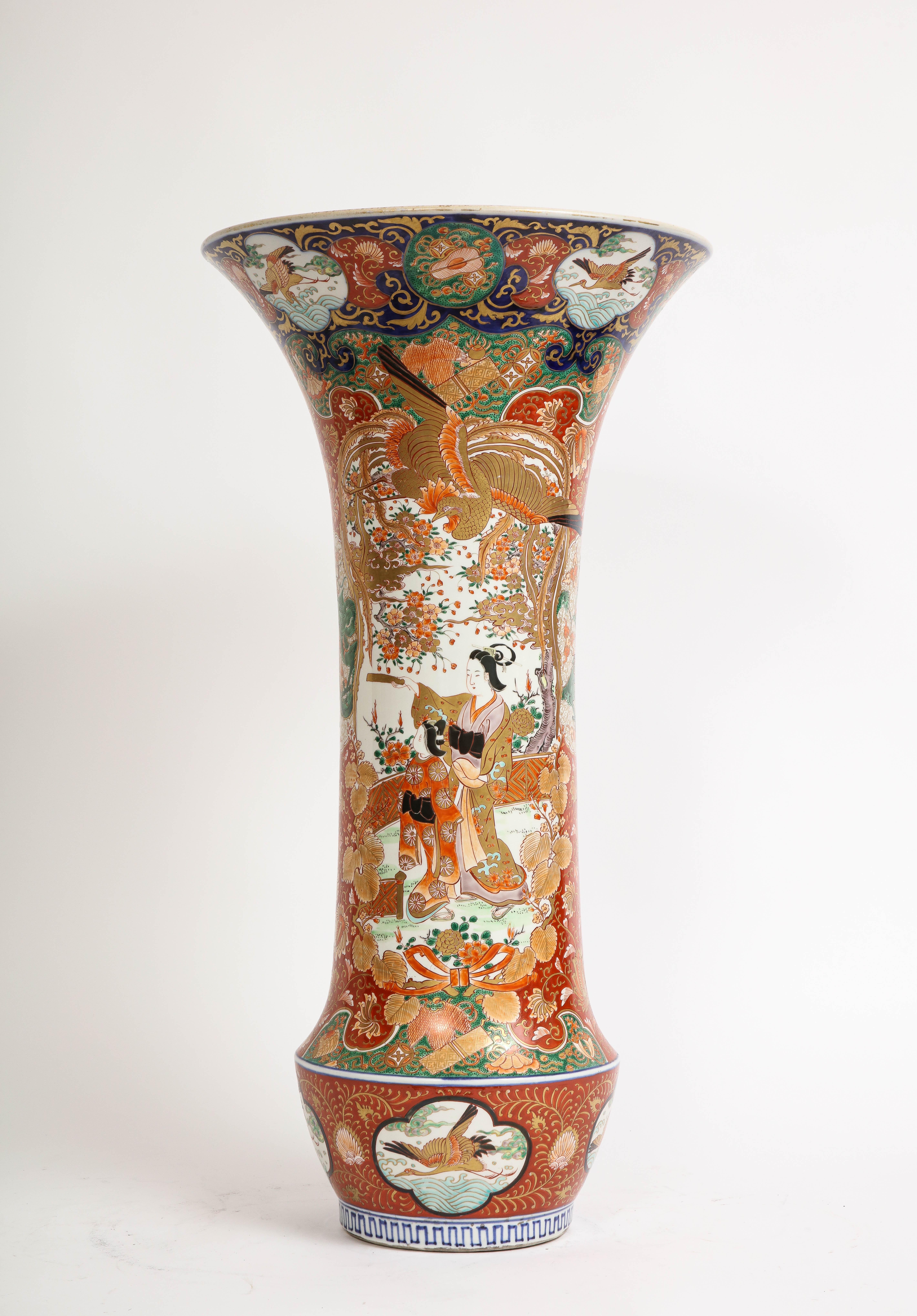  Palace Size Meiji Period Japanese Kutani Porcelain Trumpet Shape Vase, 1880

This exceptional Japanese Kutani vase, boasts a palace-size trumpet shape that stands at an impressive 31 inches in height. Crafted around the year 1880, during the