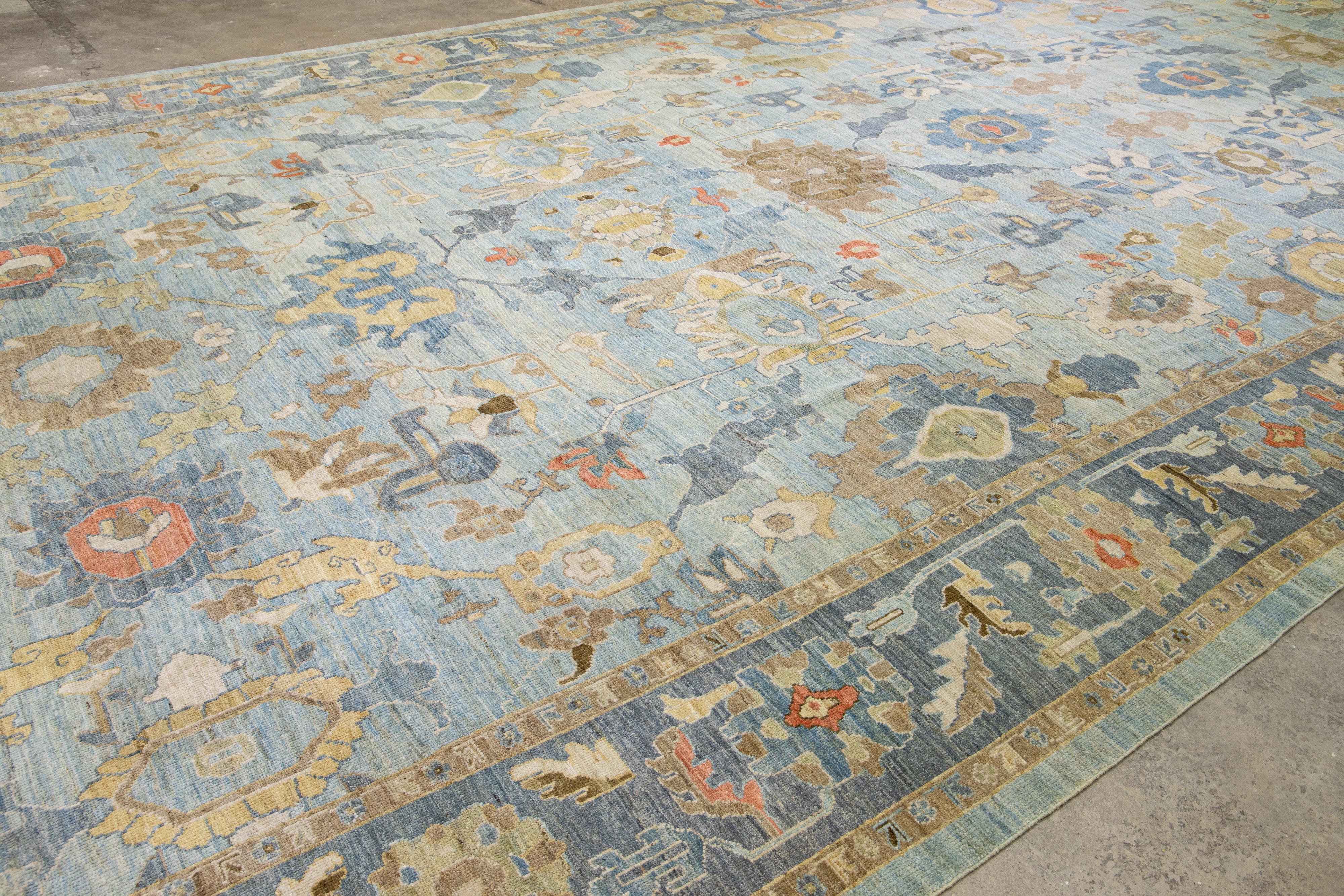 Blaue moderne Sultanabad Handgefertigte Wolle mit Blumenmuster, Moderne im Angebot 5