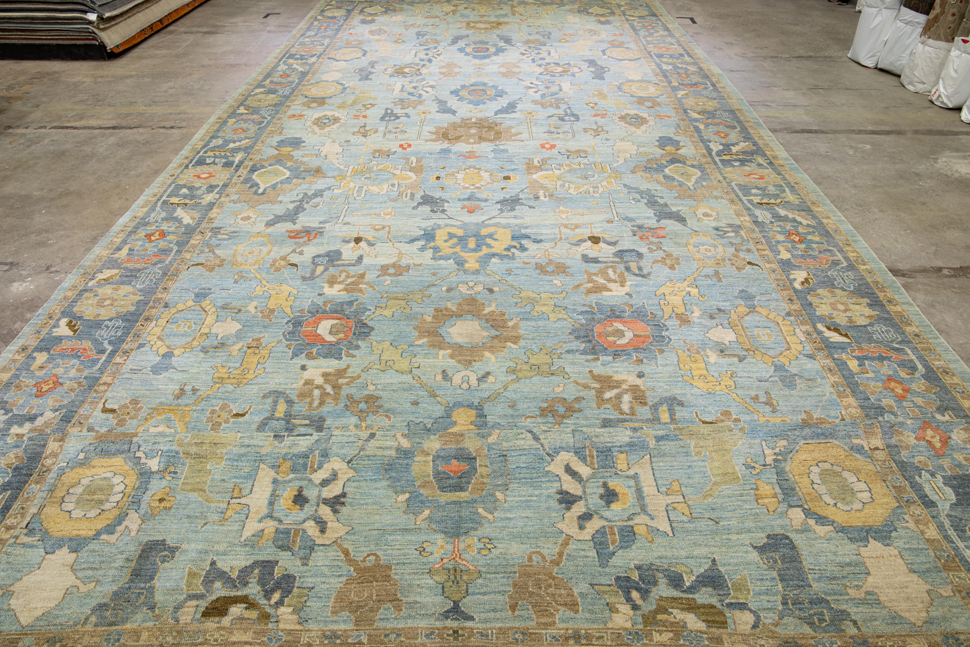 Blaue moderne Sultanabad Handgefertigte Wolle mit Blumenmuster, Moderne im Angebot 6