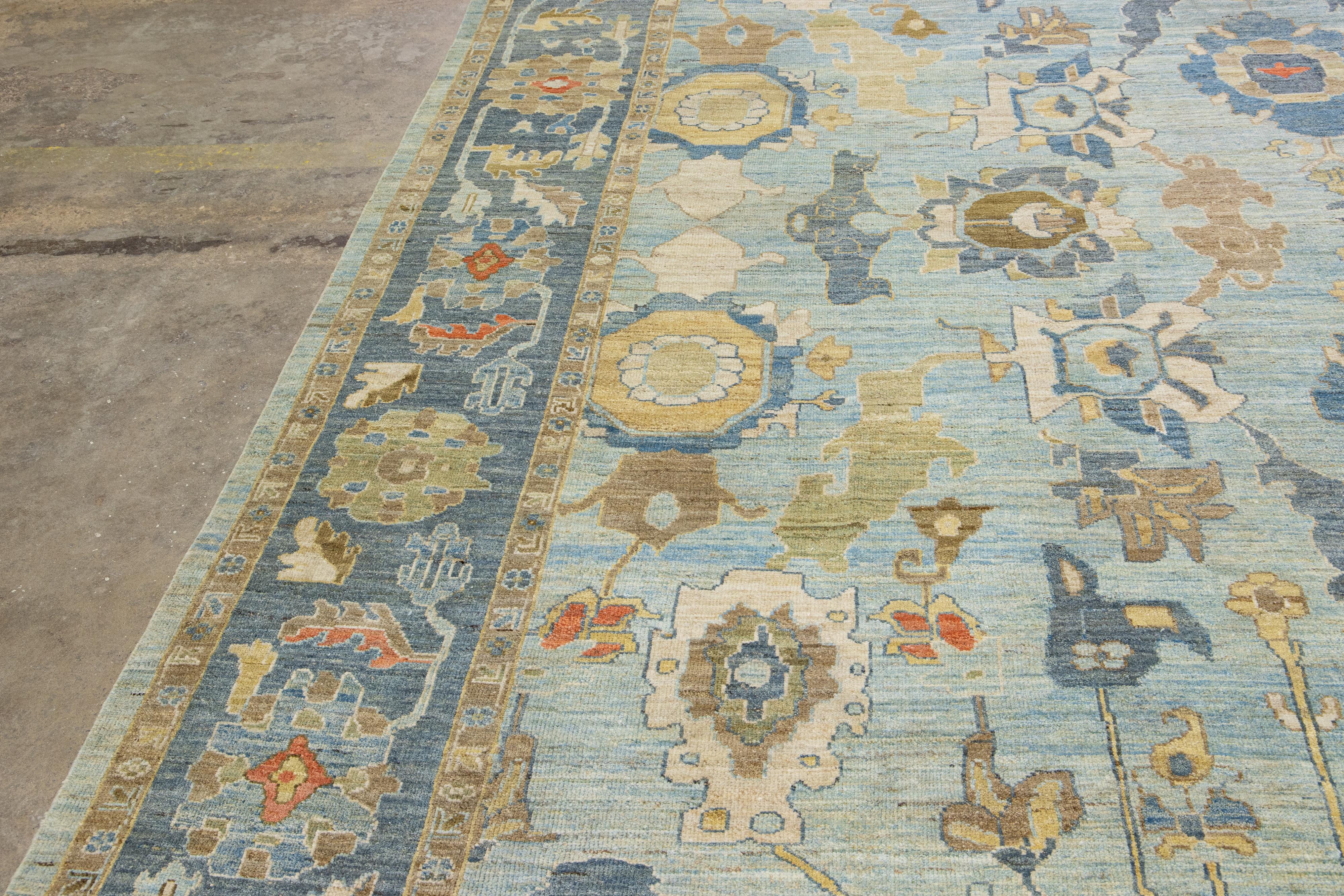 Blaue moderne Sultanabad Handgefertigte Wolle mit Blumenmuster, Moderne im Angebot 7