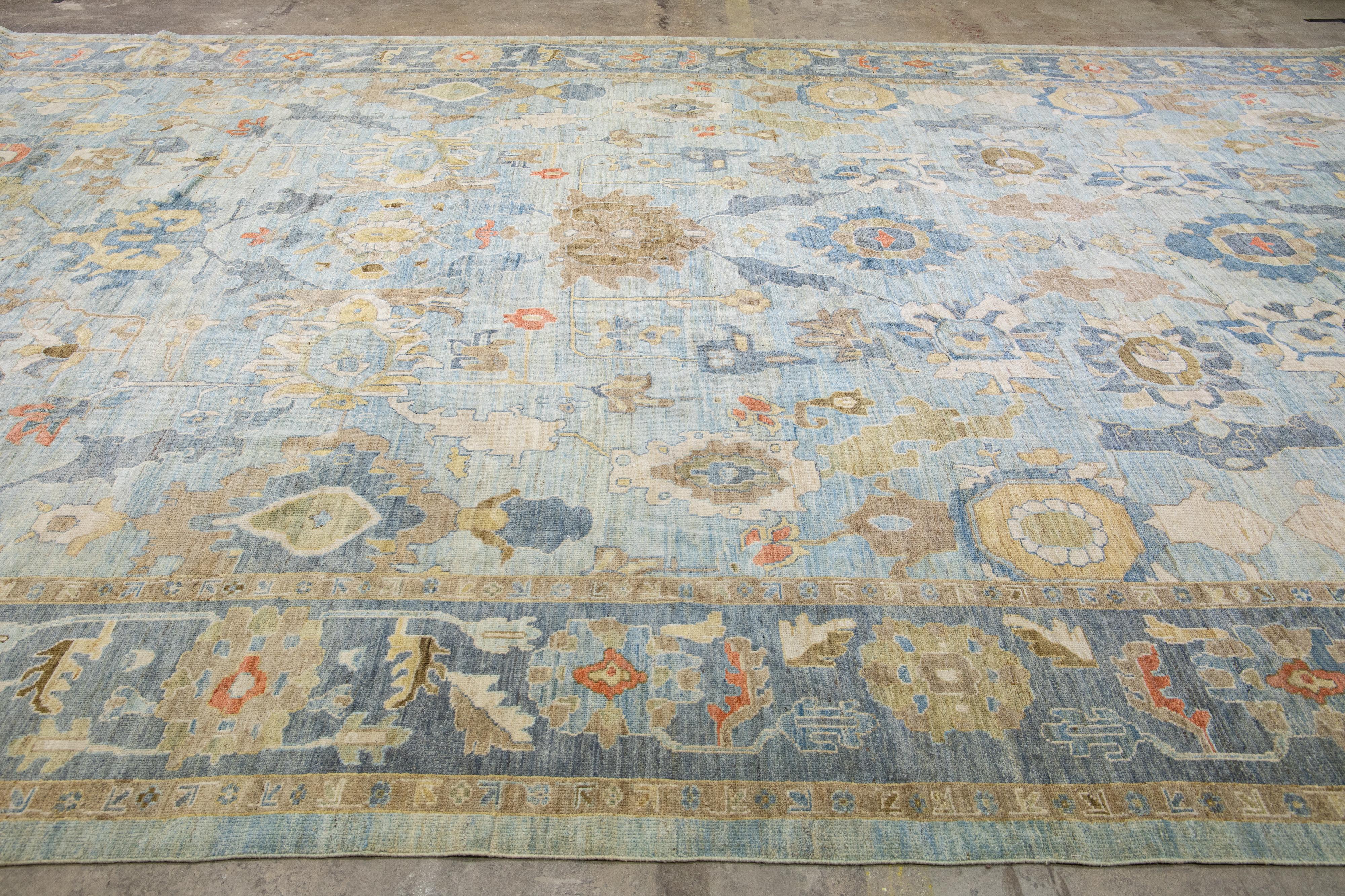 Blaue moderne Sultanabad Handgefertigte Wolle mit Blumenmuster, Moderne im Angebot 8