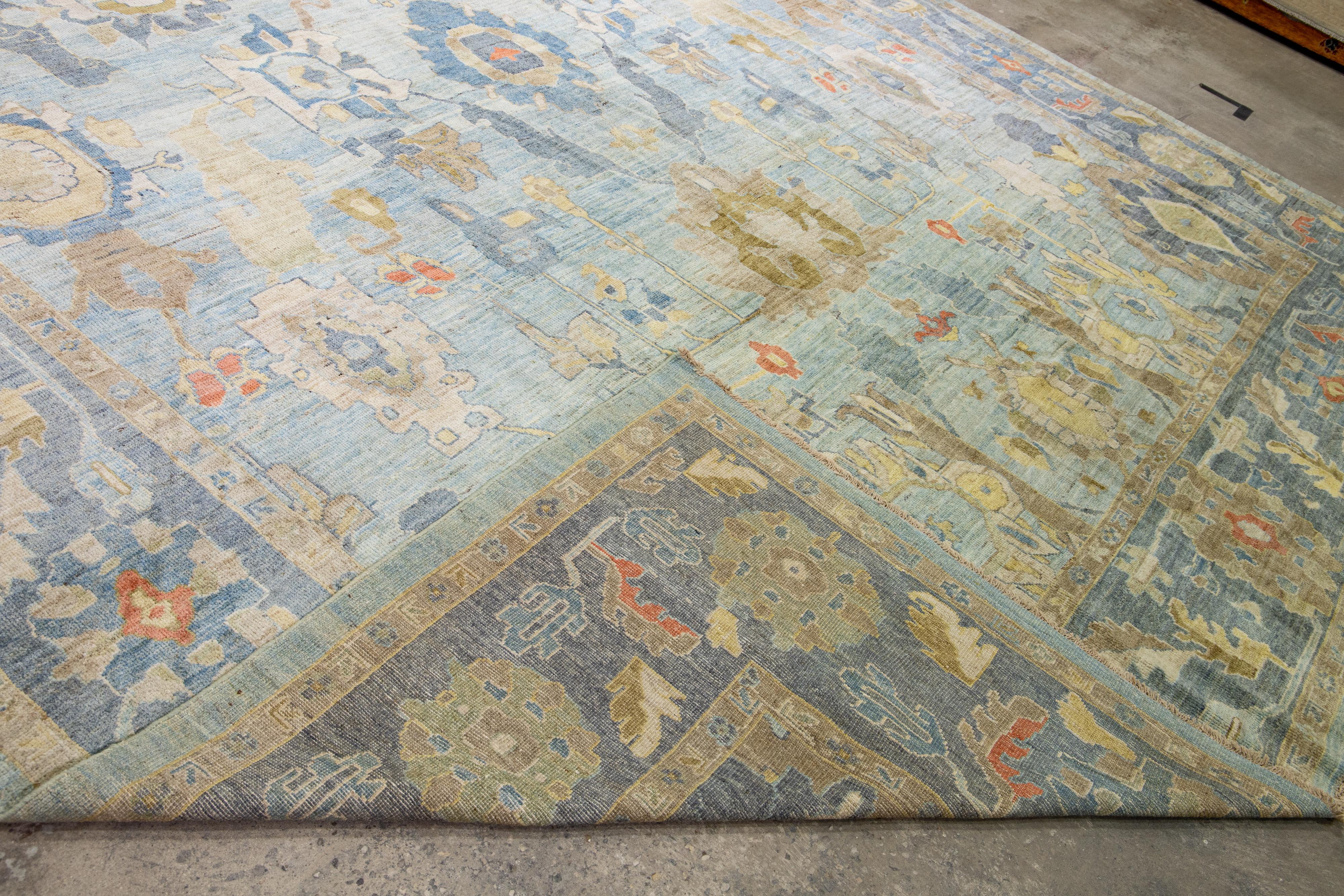 Blaue moderne Sultanabad Handgefertigte Wolle mit Blumenmuster, Moderne im Angebot 9