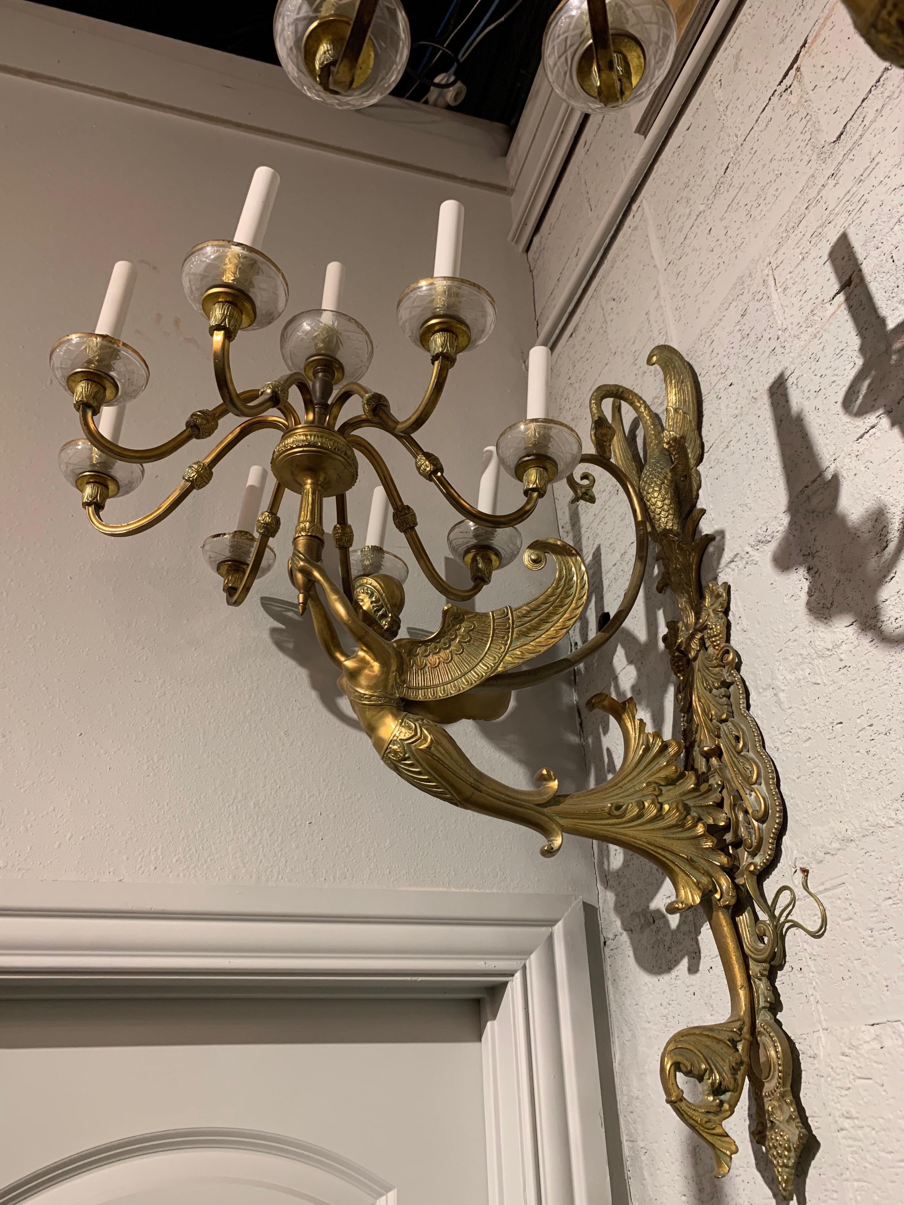19th Century Palace Size Pair of French Bronze Figural 9-Light Sconces For Sale