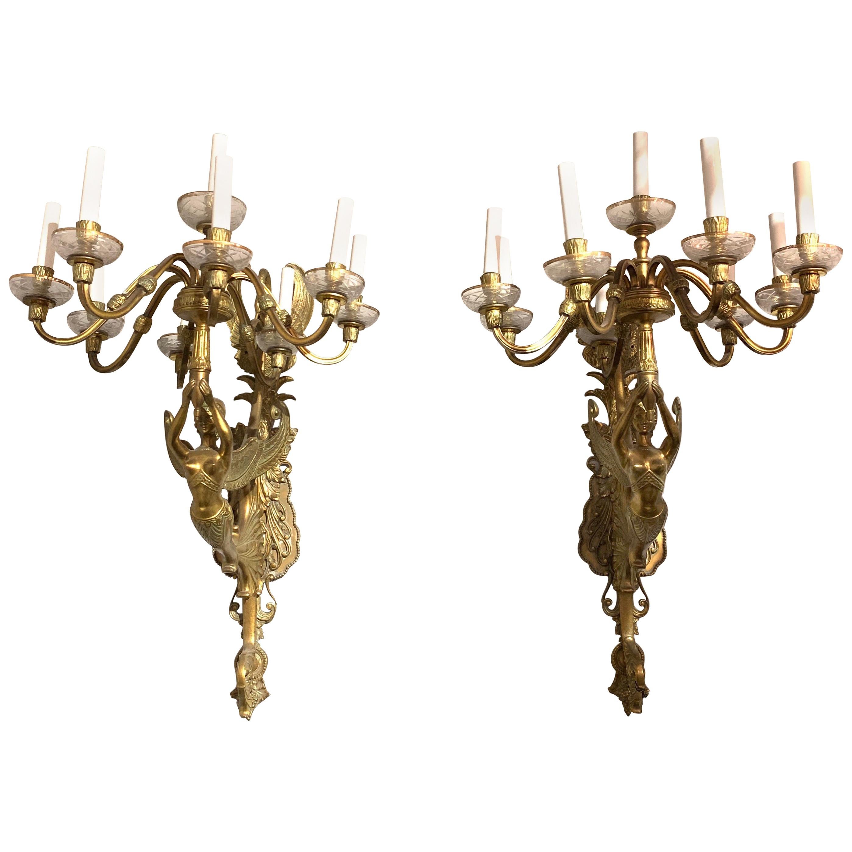 Palace Size Pair of French Bronze Figural 9-Light Sconces For Sale