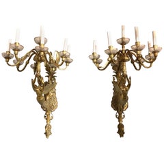 Palace Size Pair of French Bronze Figural 9-Light Sconces