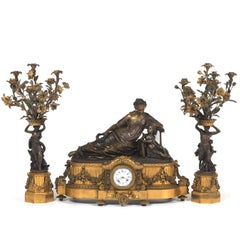 Palace Size Raingo Freres Neoclassical Figural Mantle Clock and Candelabras