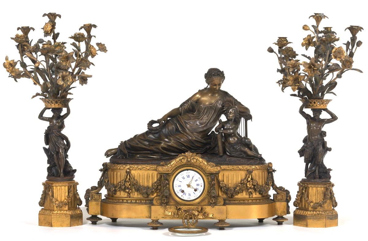 Louis XVI Palace Size Raingo Freres Neoclassical Figural Mantle Clock and Candelabras